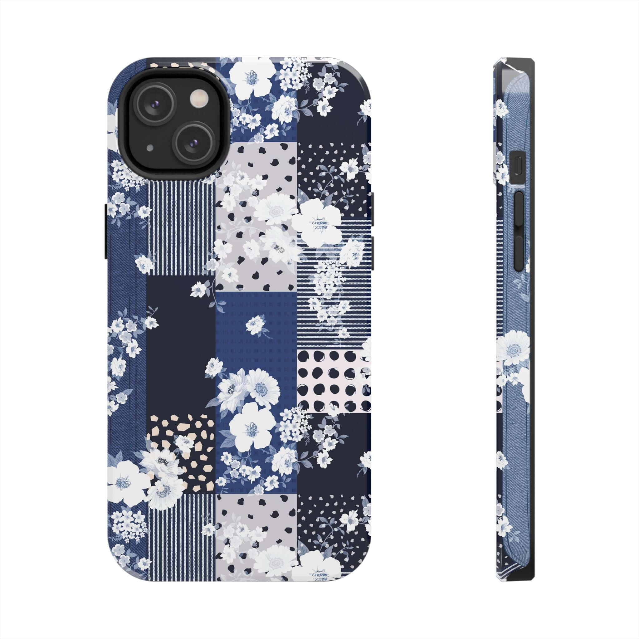 Sorority Book Club blue floral patchwork iPhone case, cute phone cover with flowers, stylish phone case for iPhone and Samsung phones.