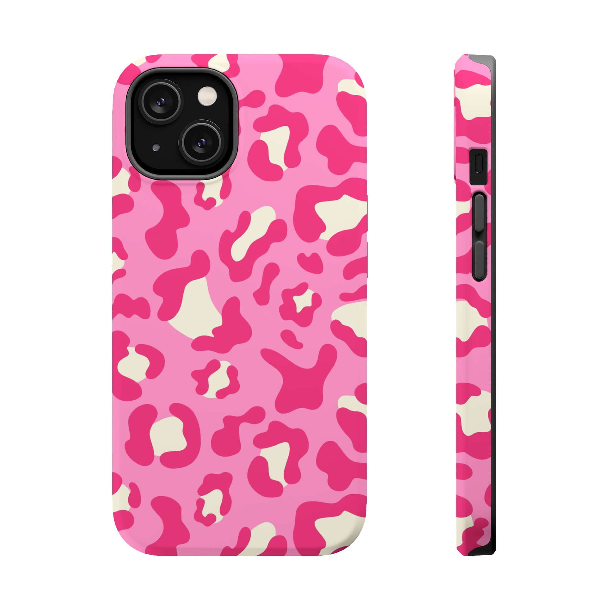 Preppy Cheetah Pink Case for iPhone 14 Pro Max - Stylish and colorful MagSafe phone case featuring a vibrant pink and white cheetah print.