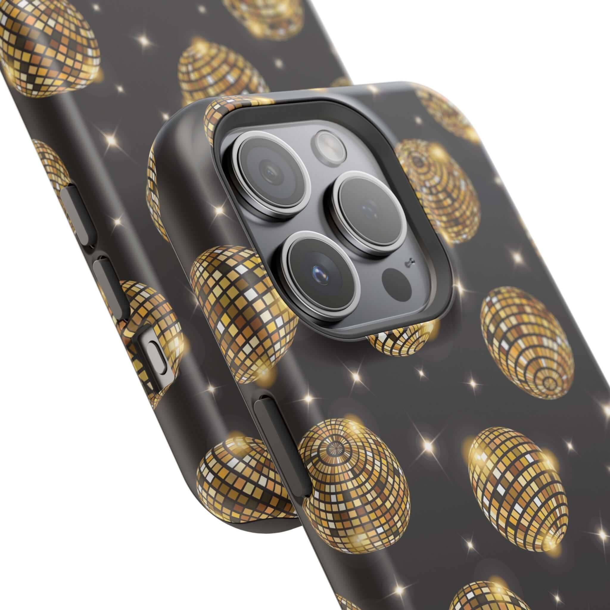 Gold disco ball design iPhone 14 case with free shipping, cute phone cover, dance the night away style.