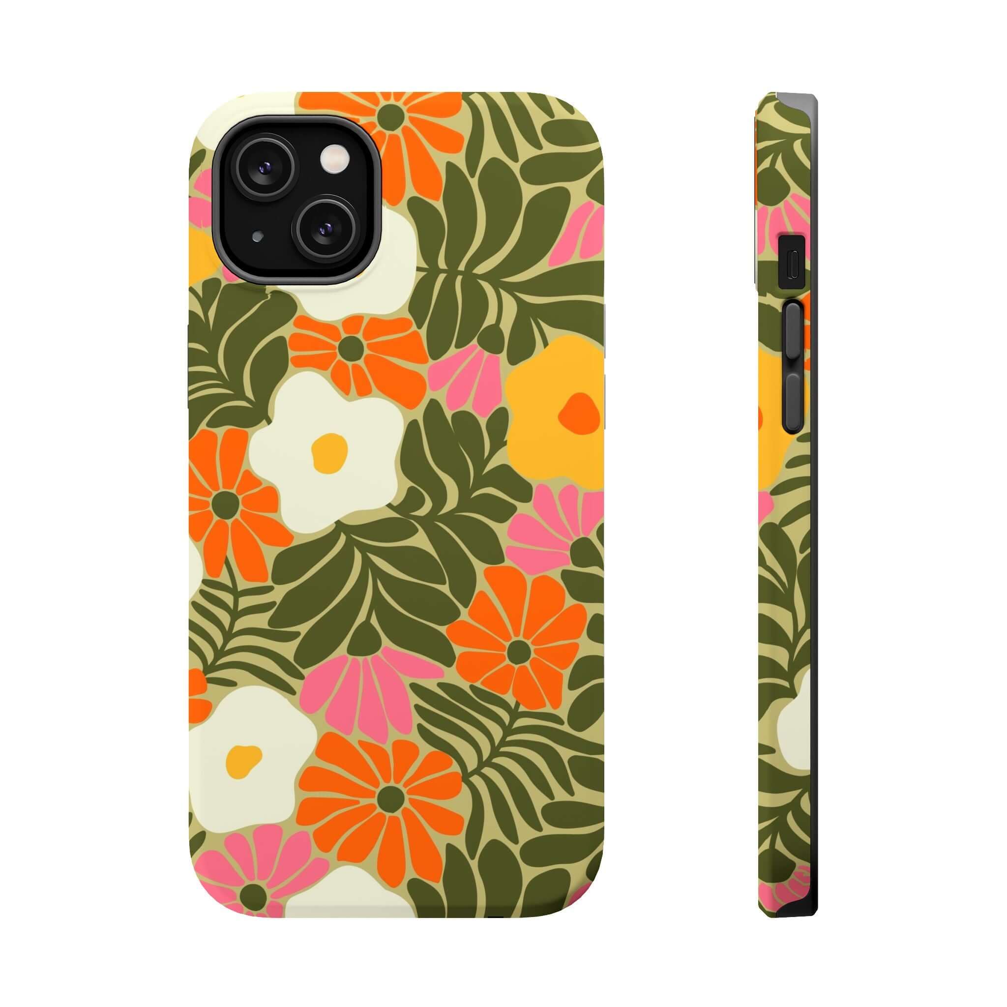 Colorful retro floral phone case for Apple iPhone, showcasing playful tropical vibes and MagSafe compatibility.