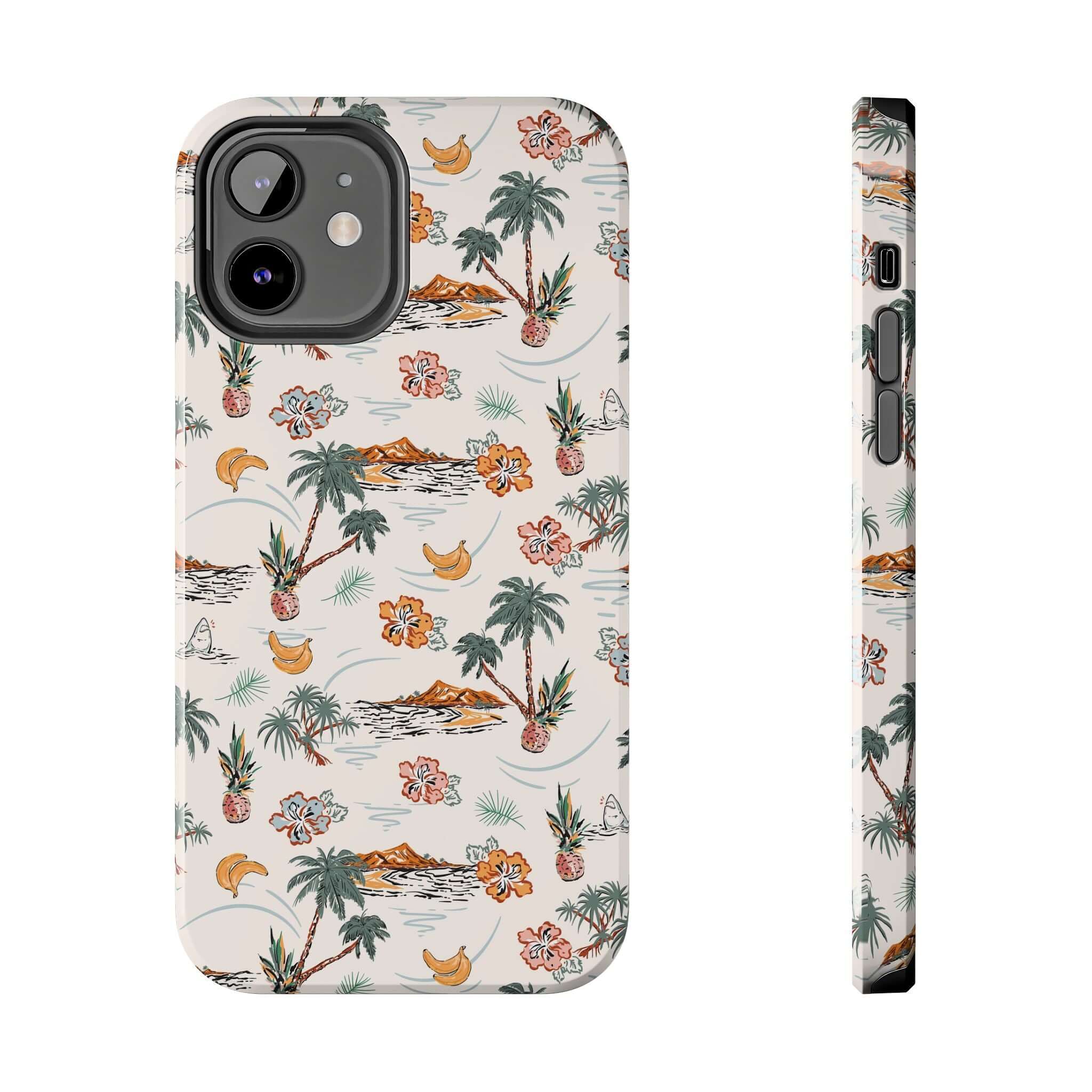 Cute iPhone 14 case with palm tree design, Tropical Vacation Beach Case, playful phone cover, free shipping for beach getaways.