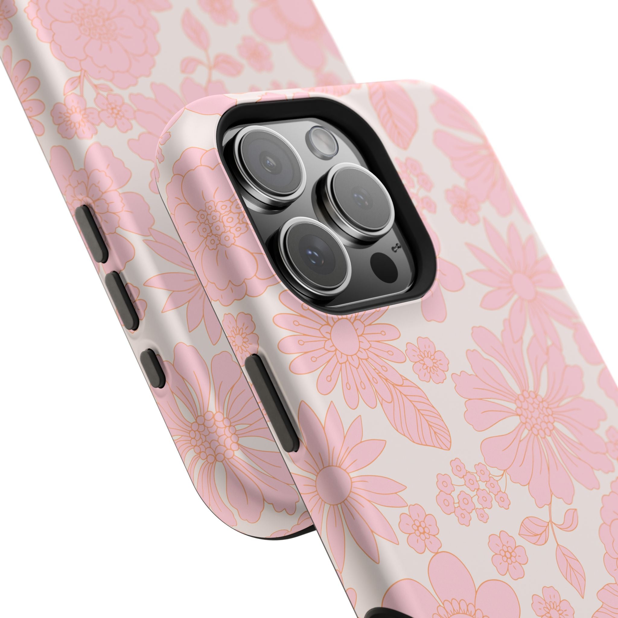 Pink floral iPhone 16 MagSafe phone case with charming petals, embodying a cute, cottagecore aesthetic. Perfect protective cover.