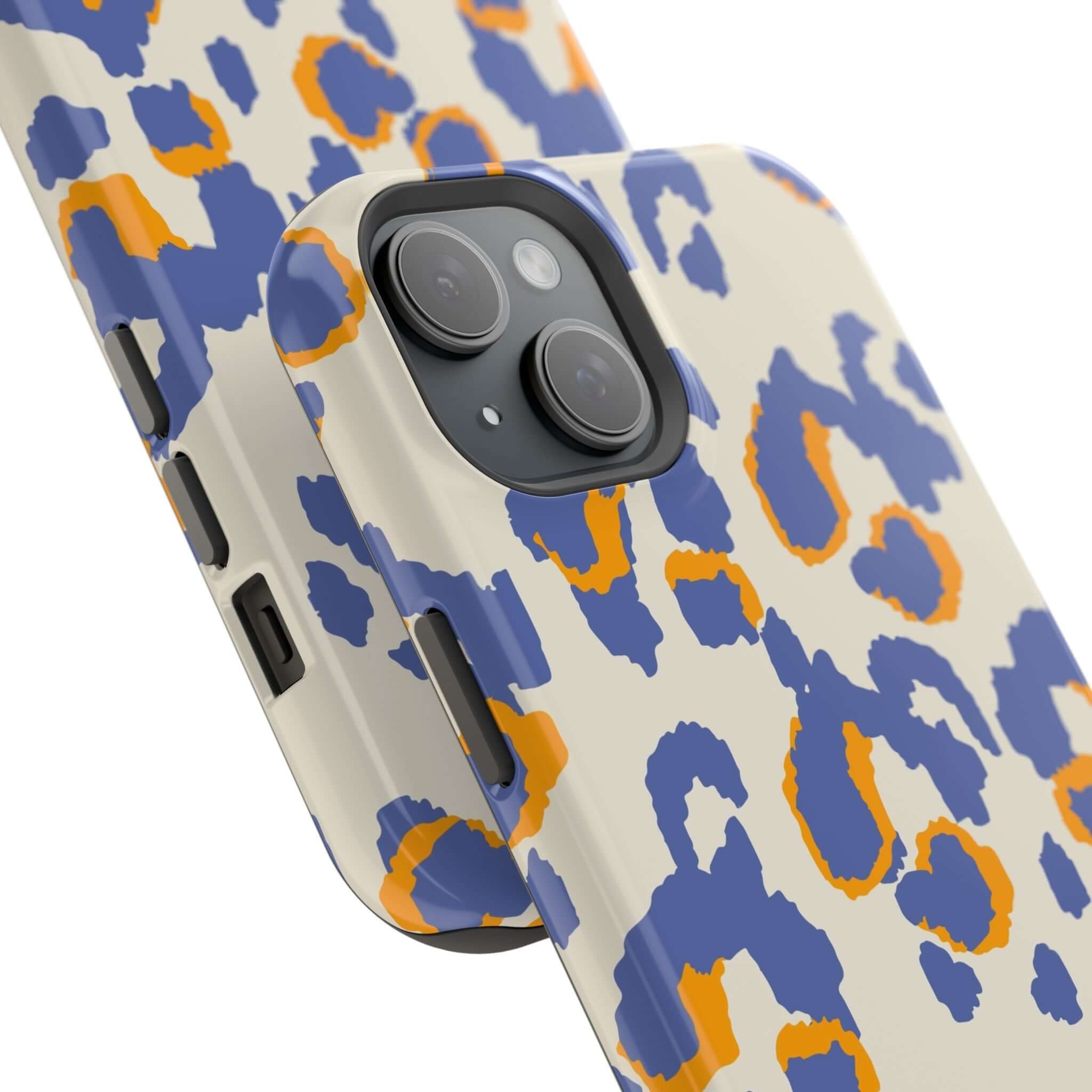 Blue leopard print iPhone case with MagSafe; colorful and cute abstract design for a stylish and protective phone accessory.