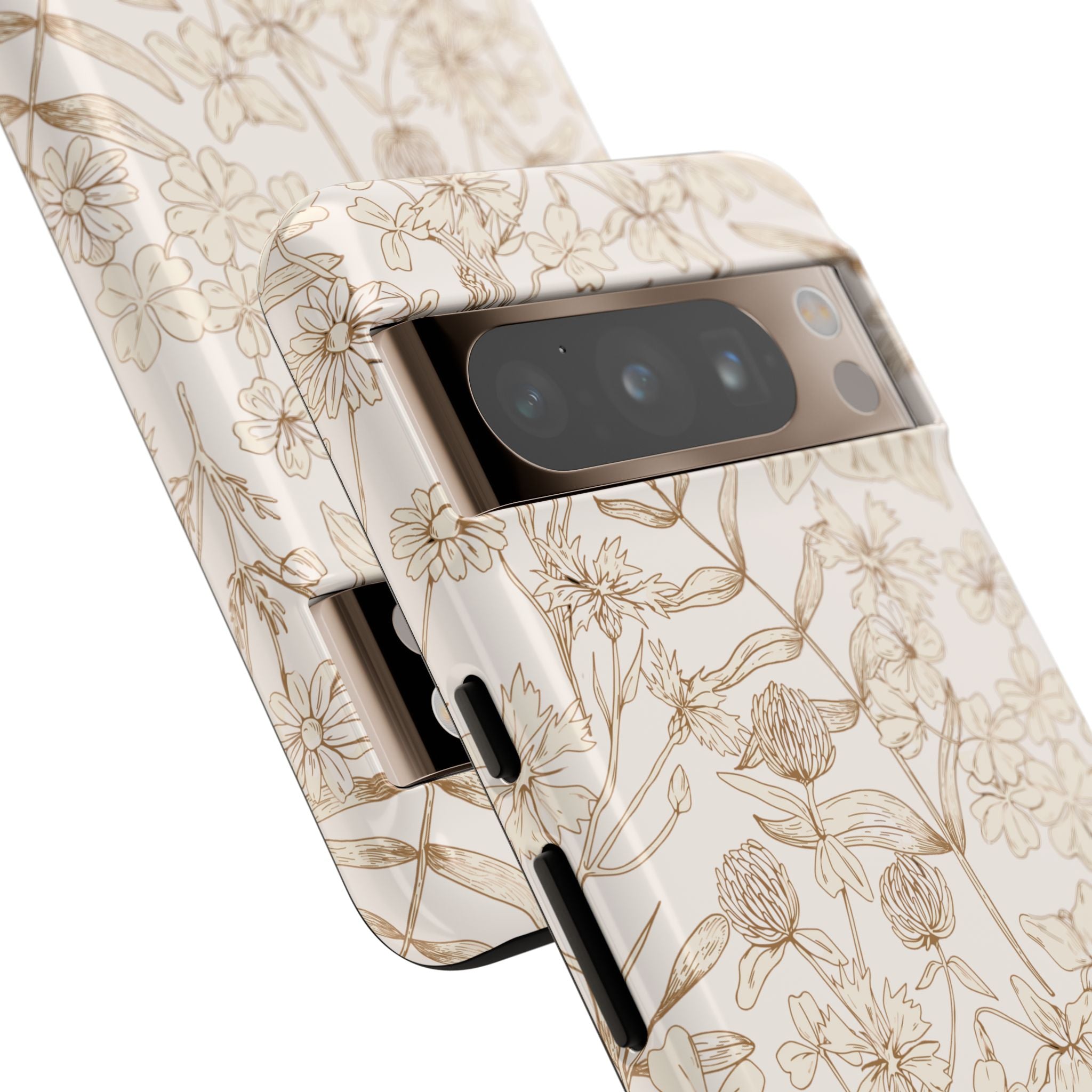 Cute beige thyme and tan garden phone case with floral design for Samsung and iPhone 16, offering stylish protection.