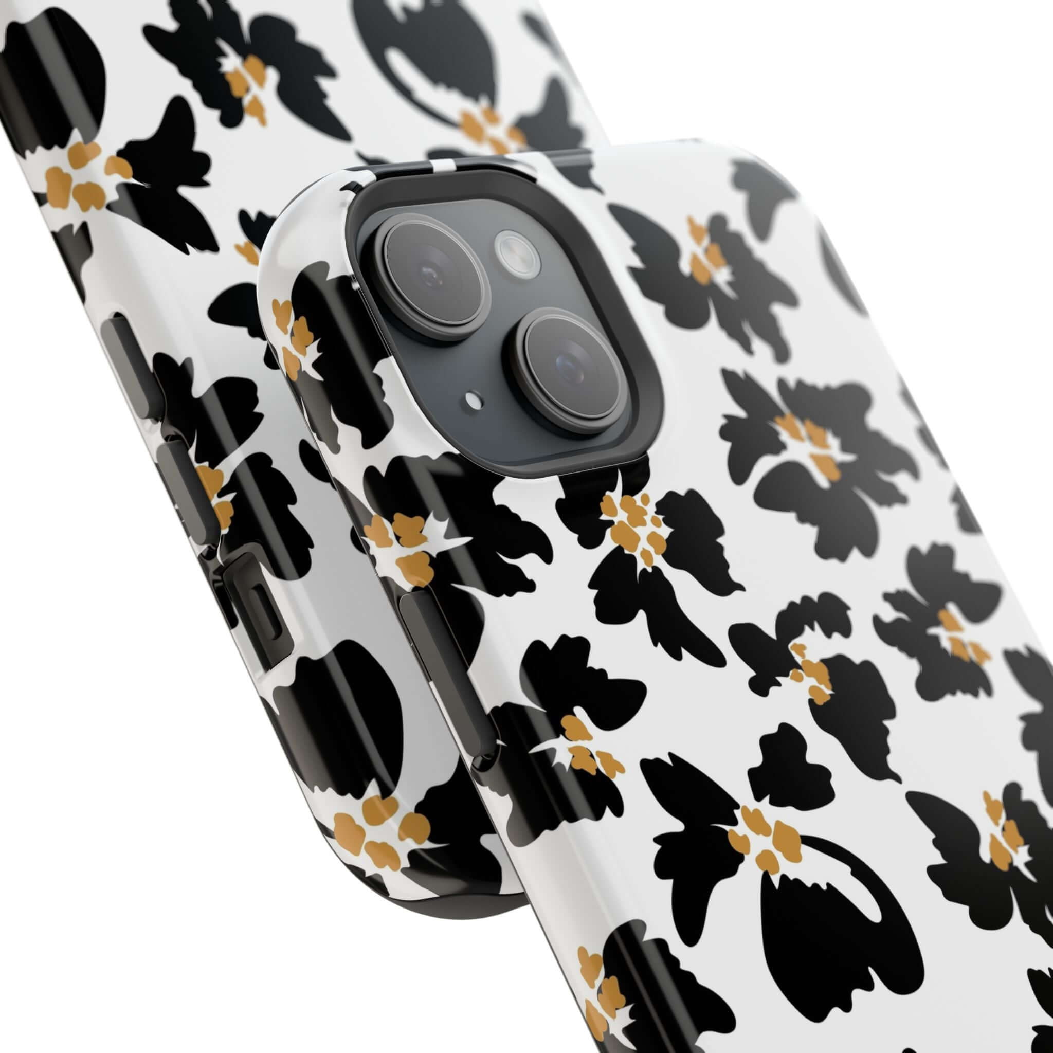 Modern Noir Flora black floral iPhone case featuring a cute animal print design, compatible with MagSafe for stylish phone protection.