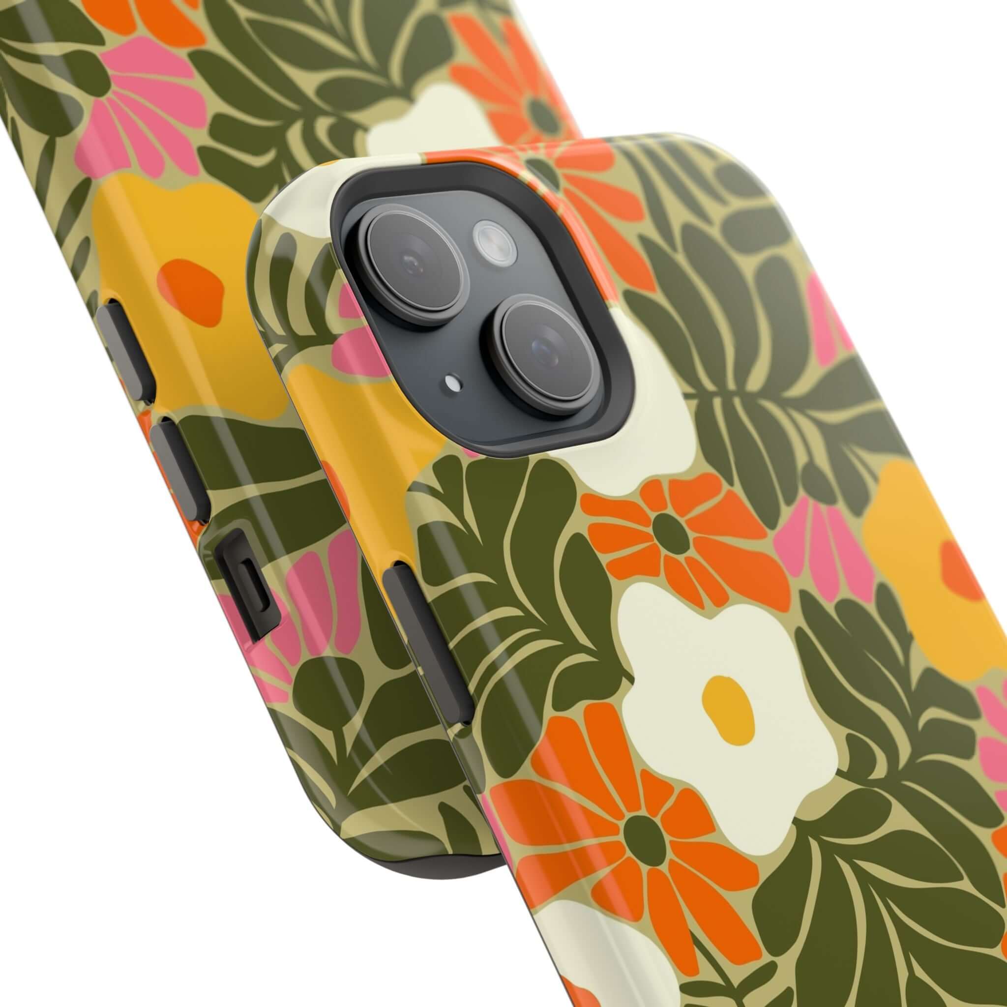 Cute retro floral Apple iPhone case featuring vibrant tropical colors for a playful beach vibe. MagSafe compatible for stylish protection.