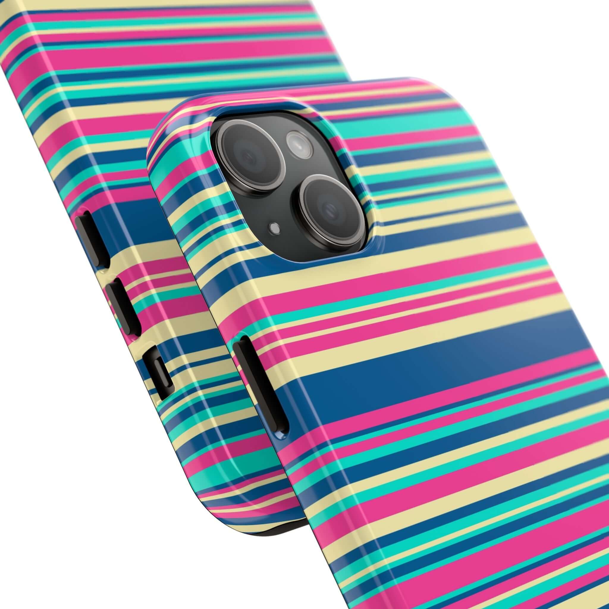 Colorful striped iPhone case for iPhone 14 and 15 models - cute and protective phone cover with vibrant colors and free shipping.