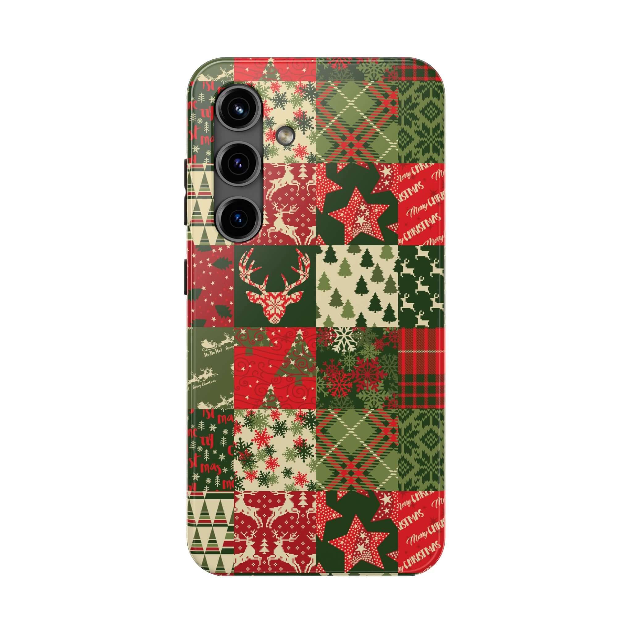 Festive green holiday phone case with Christmas trees, snowflakes, and sweaters - Cute iPhone case design for holiday cheer.