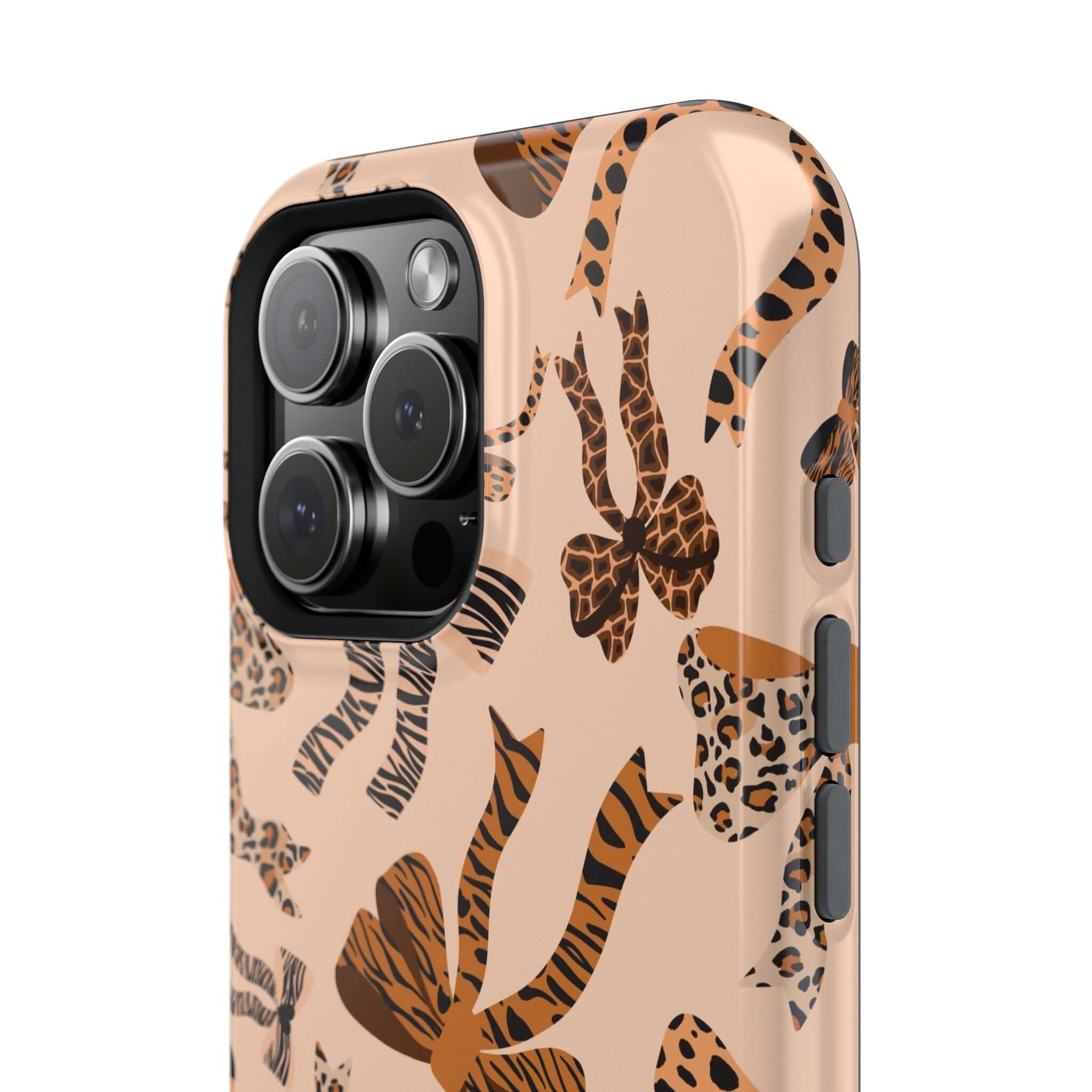 Colorful iPhone case with cute coquette bows and fierce leopard pattern, abstract design perfect for a wild and stylish look.