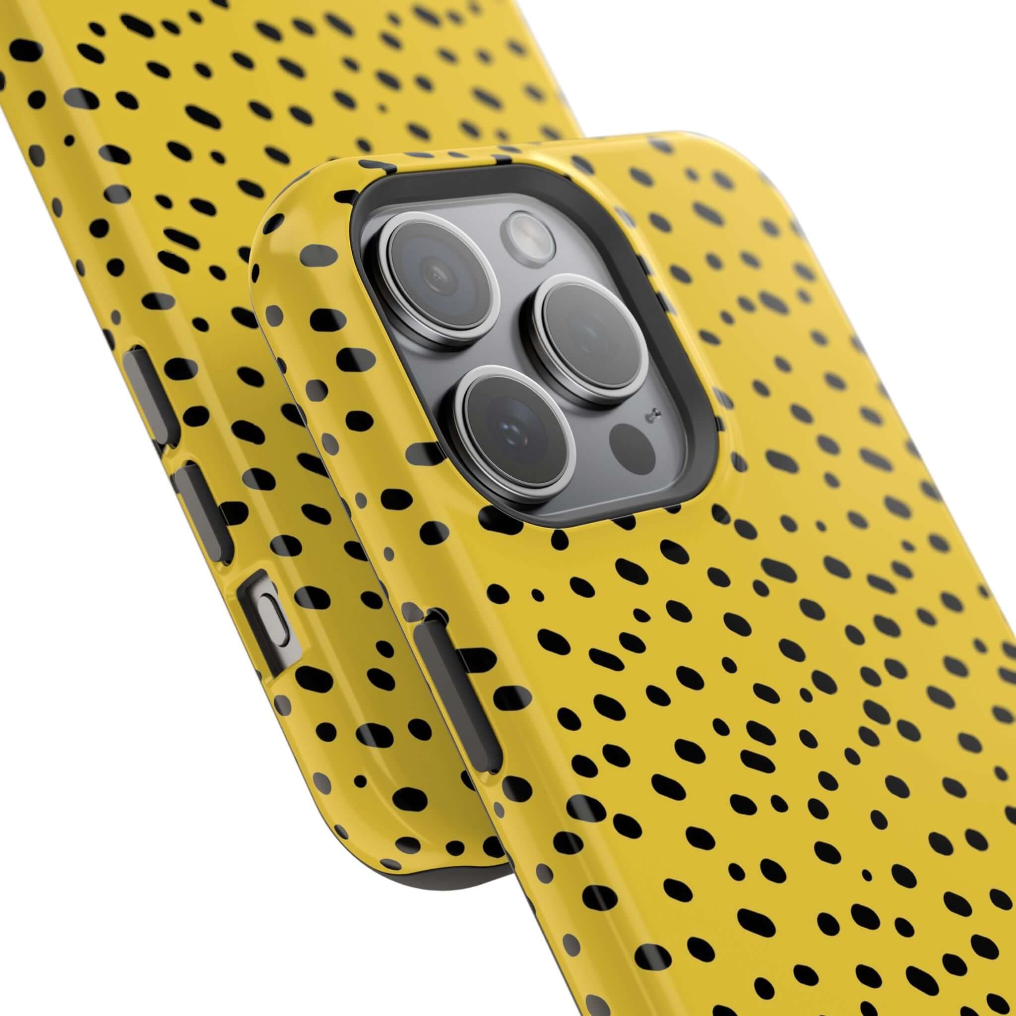 Vibrant yellow cheetah print MagSafe iPhone case from Spot On, featuring bold and stylish design for a cute, colorful phone accessory.