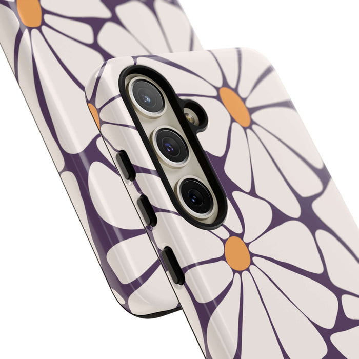 Retro flower phone case with purple and white daisy design for iPhone and Samsung devices, offering cute and stylish protection.