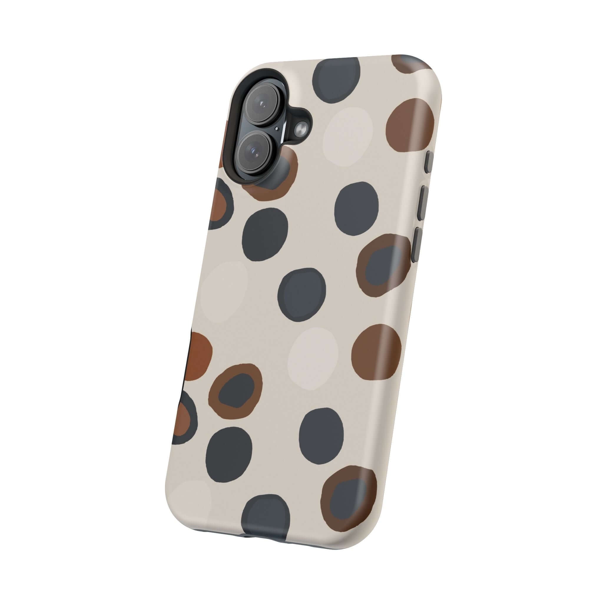 Colorful iPhone case with abstract brown spots, perfect for a cute and modern look. Protect your phone in style.