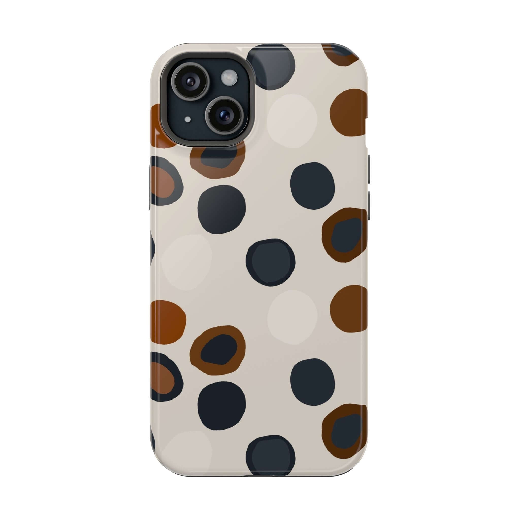 Chic Wanderer Modern Spots colorful iPhone case with abstract brown and black dots, cute design for fashion-forward adventurers.