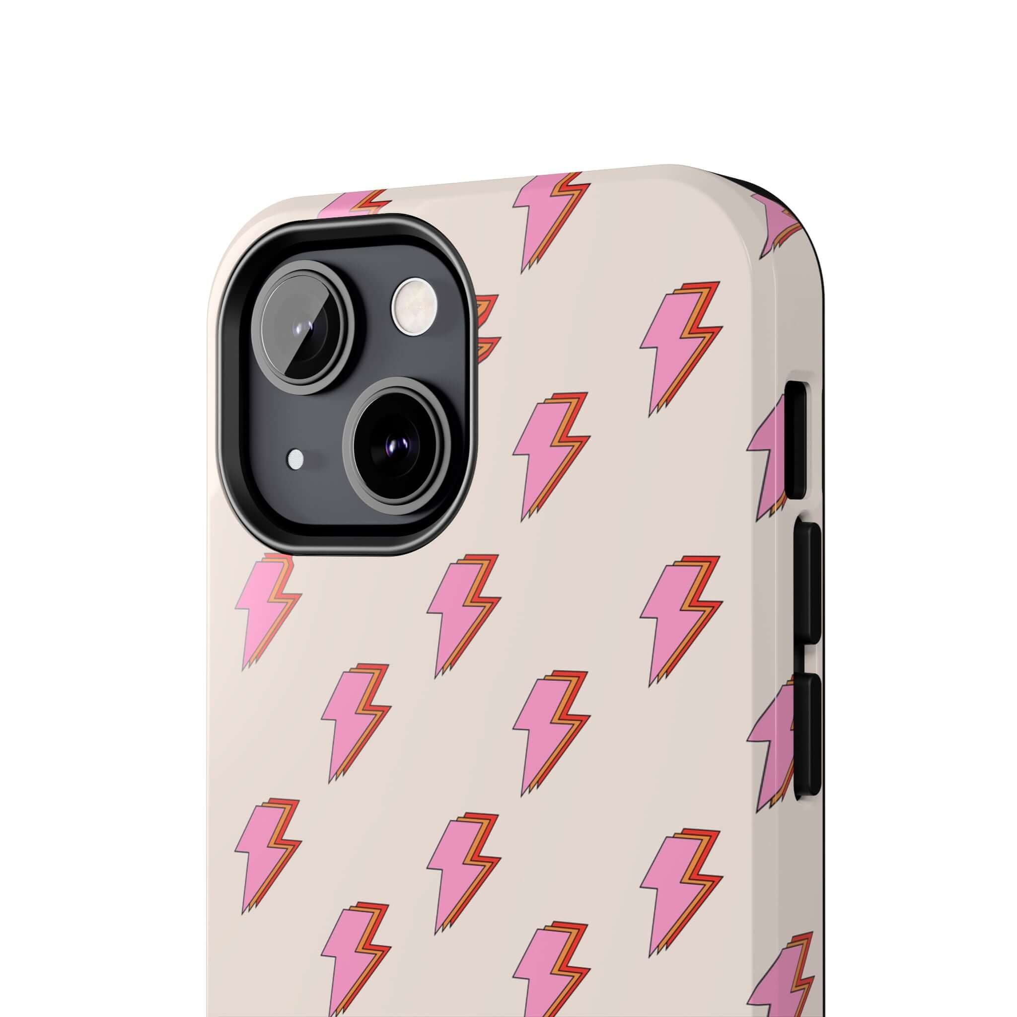 Retro pink lightning bolt design on cute iPhone case for iPhone 14 and iPhone 15. Stylish phone cover with free shipping.