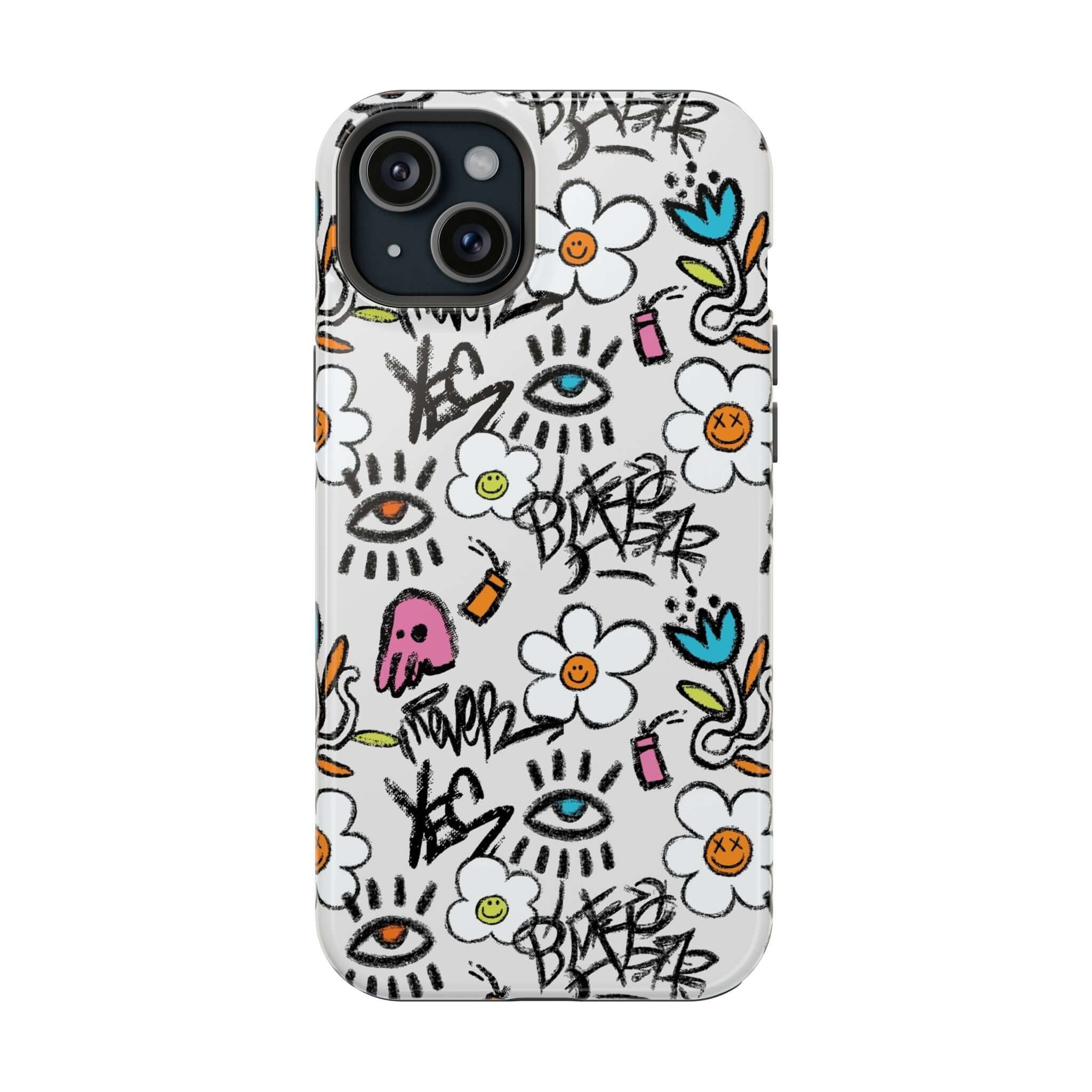 Cute floral graffiti phone case for iPhone, featuring vibrant designs and MagSafe technology for a playful style.