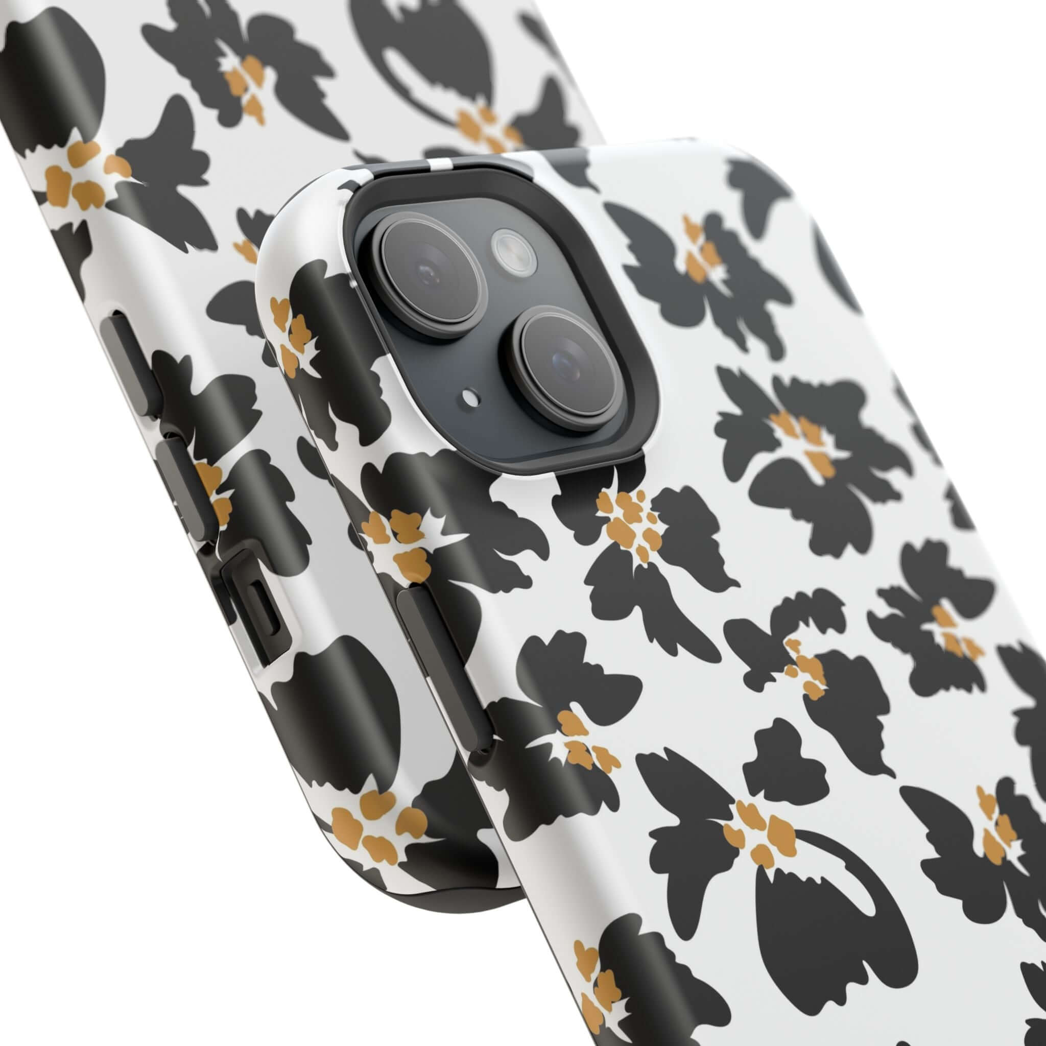 Modern Noir Flora black floral phone case with elegant flower pattern, perfect protective and cute MagSafe iPhone accessory.