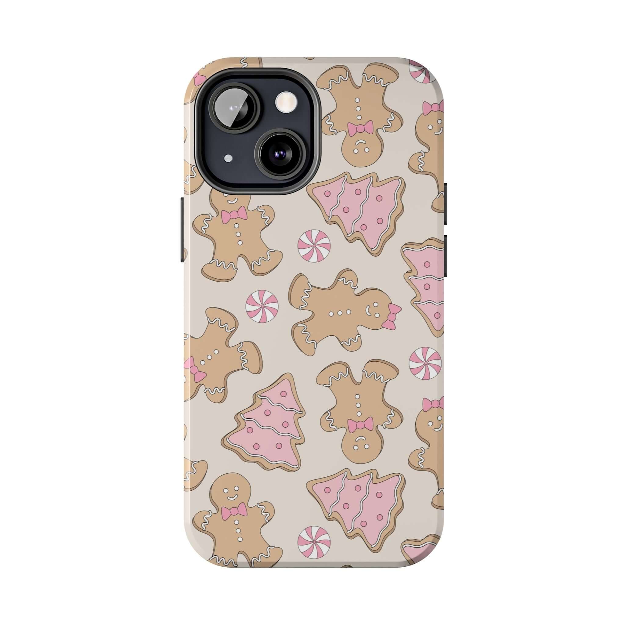 Cute iPhone case with gingerbread girl and holiday patterns for Christmas. Colorful phone cover adds festive cheer and protection.