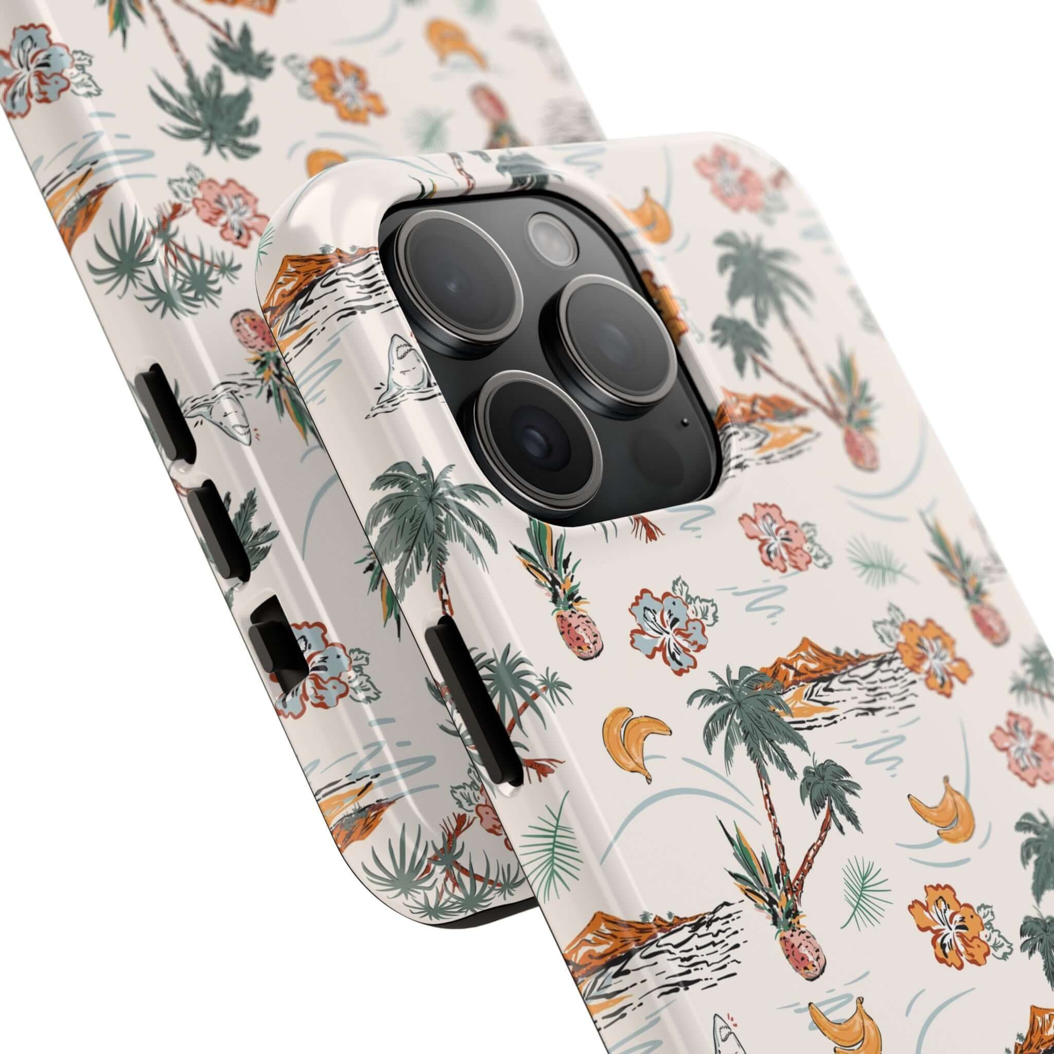 Cute iPhone 14 case with tropical palm tree design, perfect phone cover with free shipping for beach getaways.