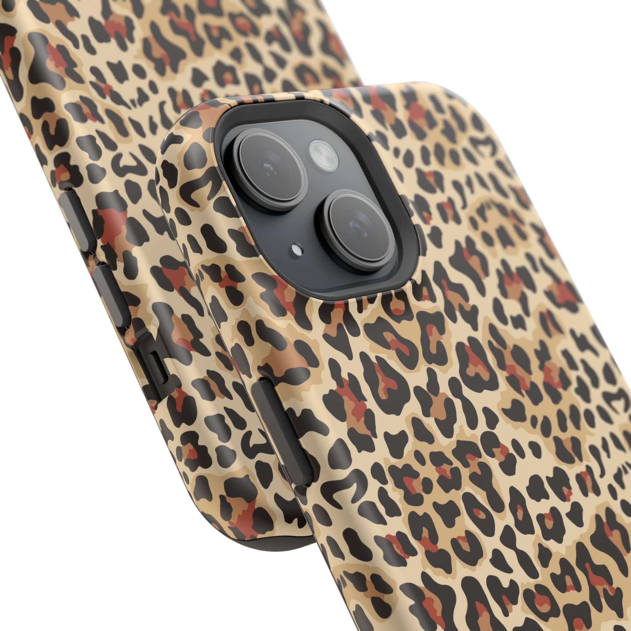 Leopard print MagSafe iPhone case with colorful abstract design, featuring reliable protection and chic style.