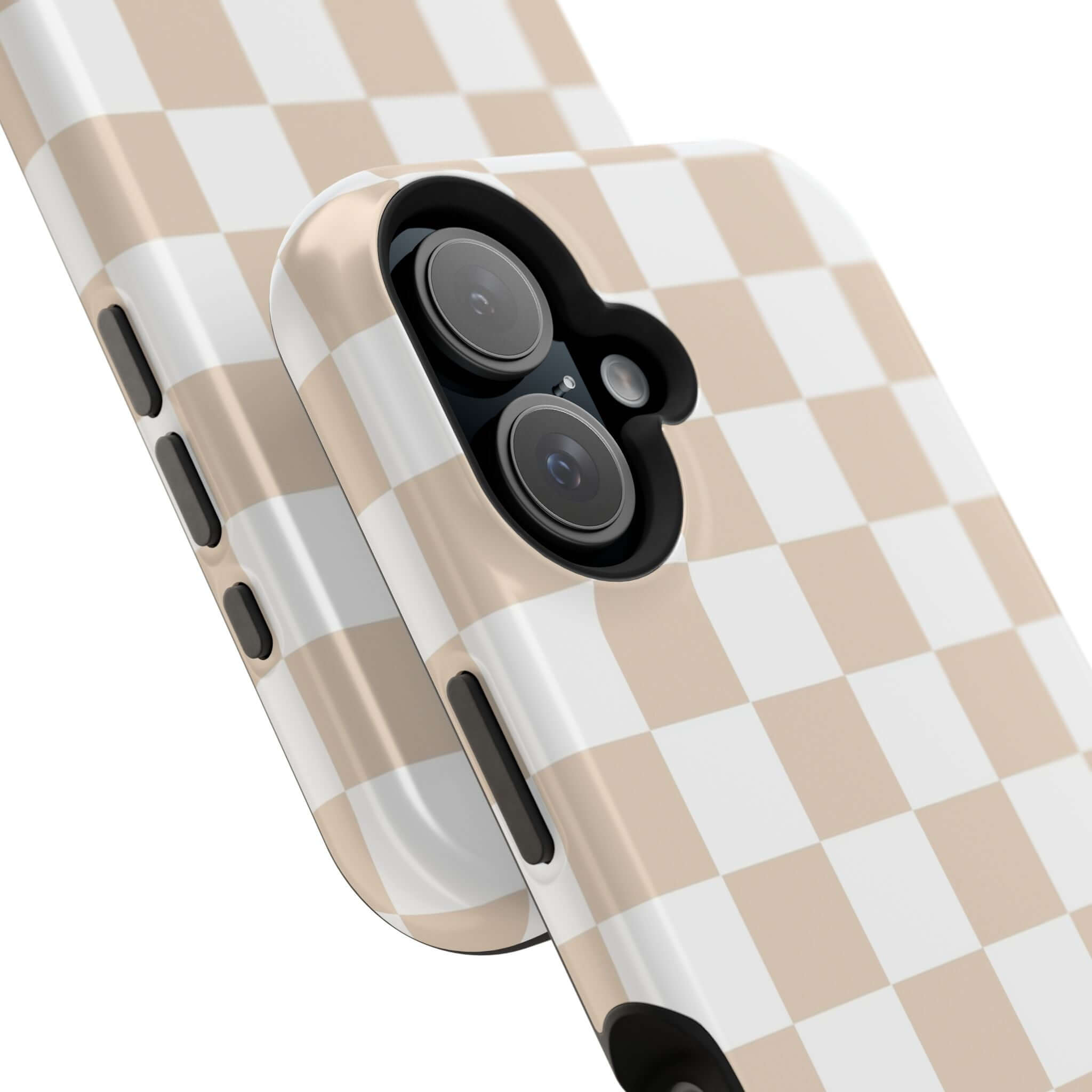 Cream checkered cute MagSafe iPhone 16 protective case with beige classic print, stylish and trendy phone case for iPhone 16.