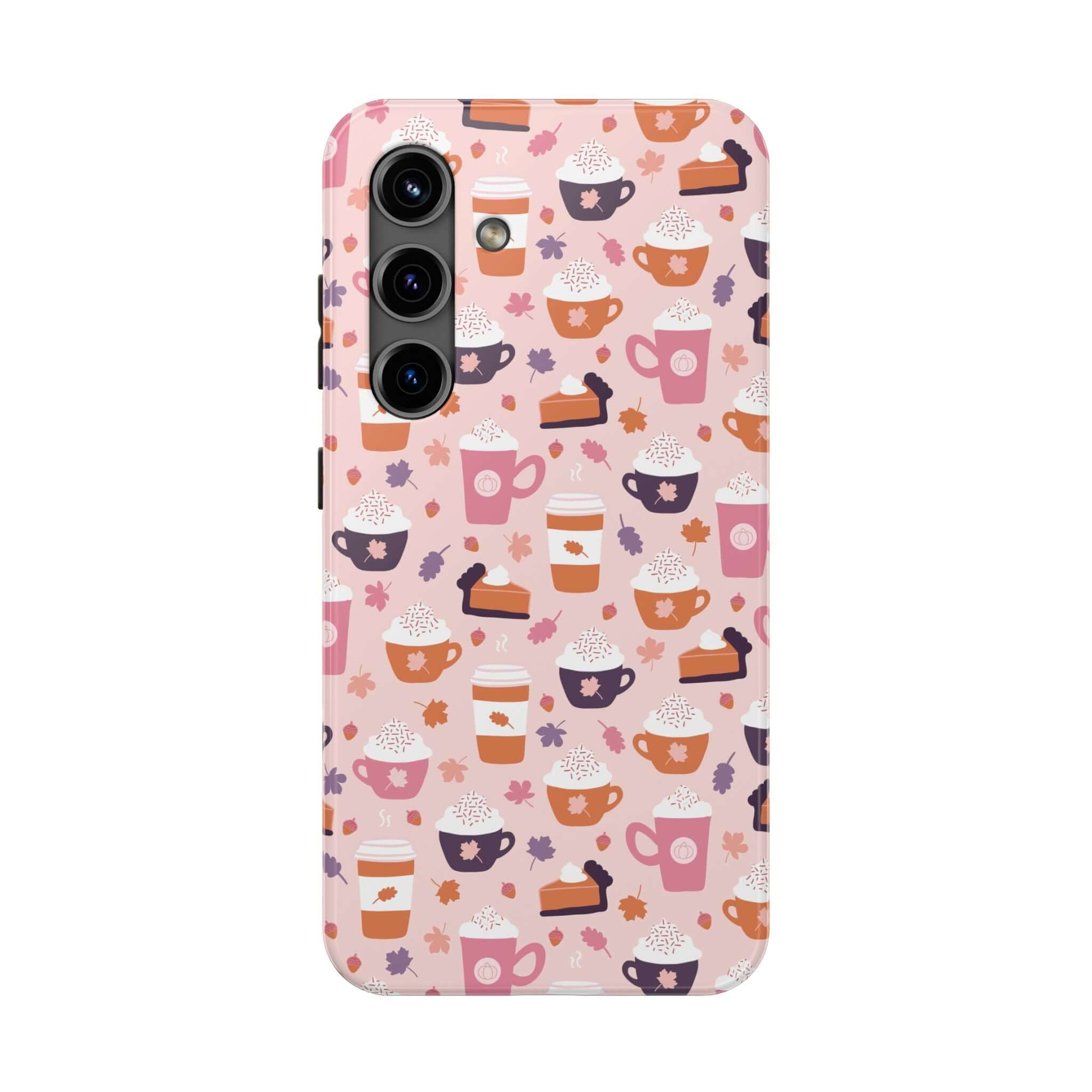 Cute PSL Vibes phone case with fall drinks pattern for iPhone 15. Durable, stylish design perfect for pumpkin spice lovers.