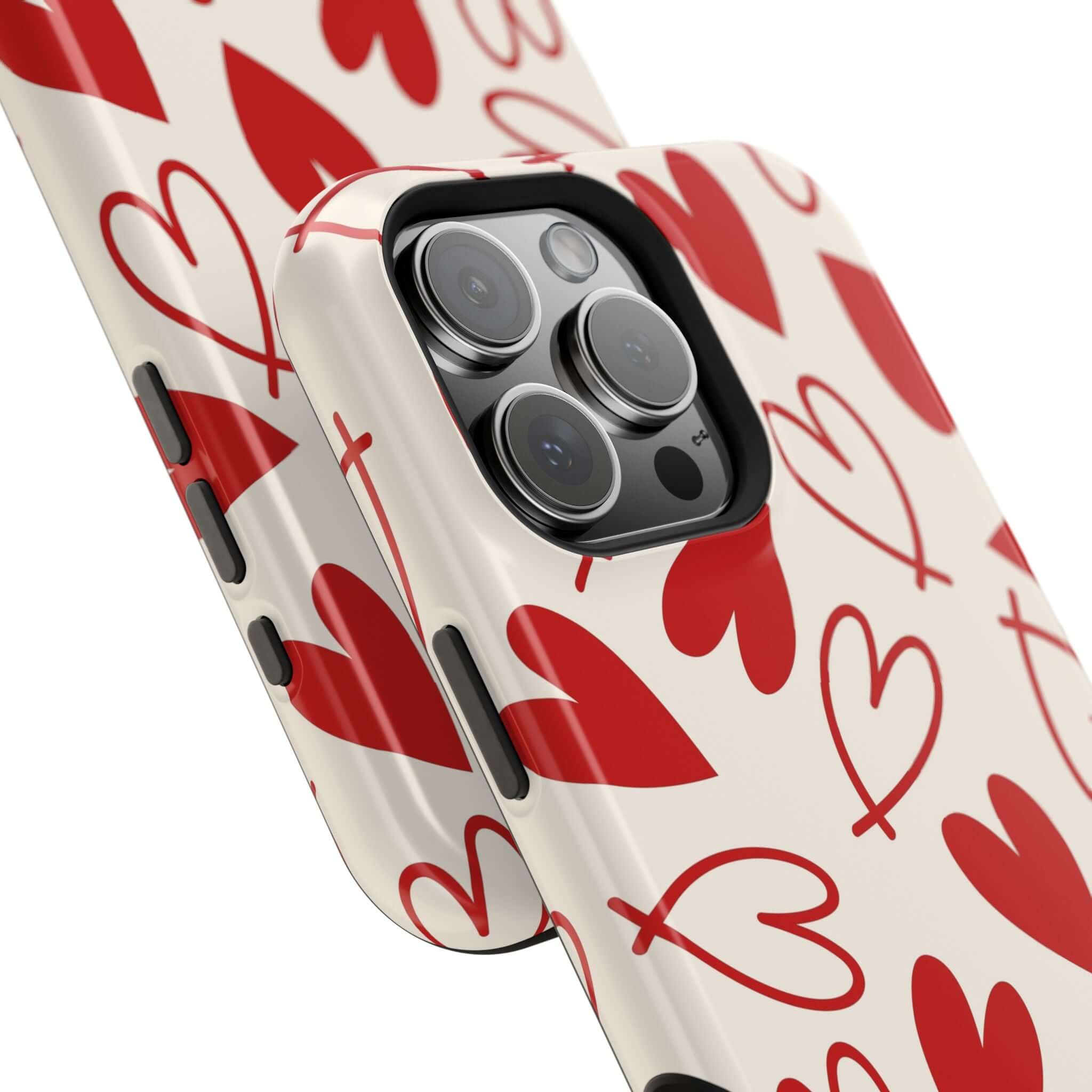 Cute phone cover with red hearts design for iPhone, Be Mine collection, ensures style and protection. Fun case phone case.