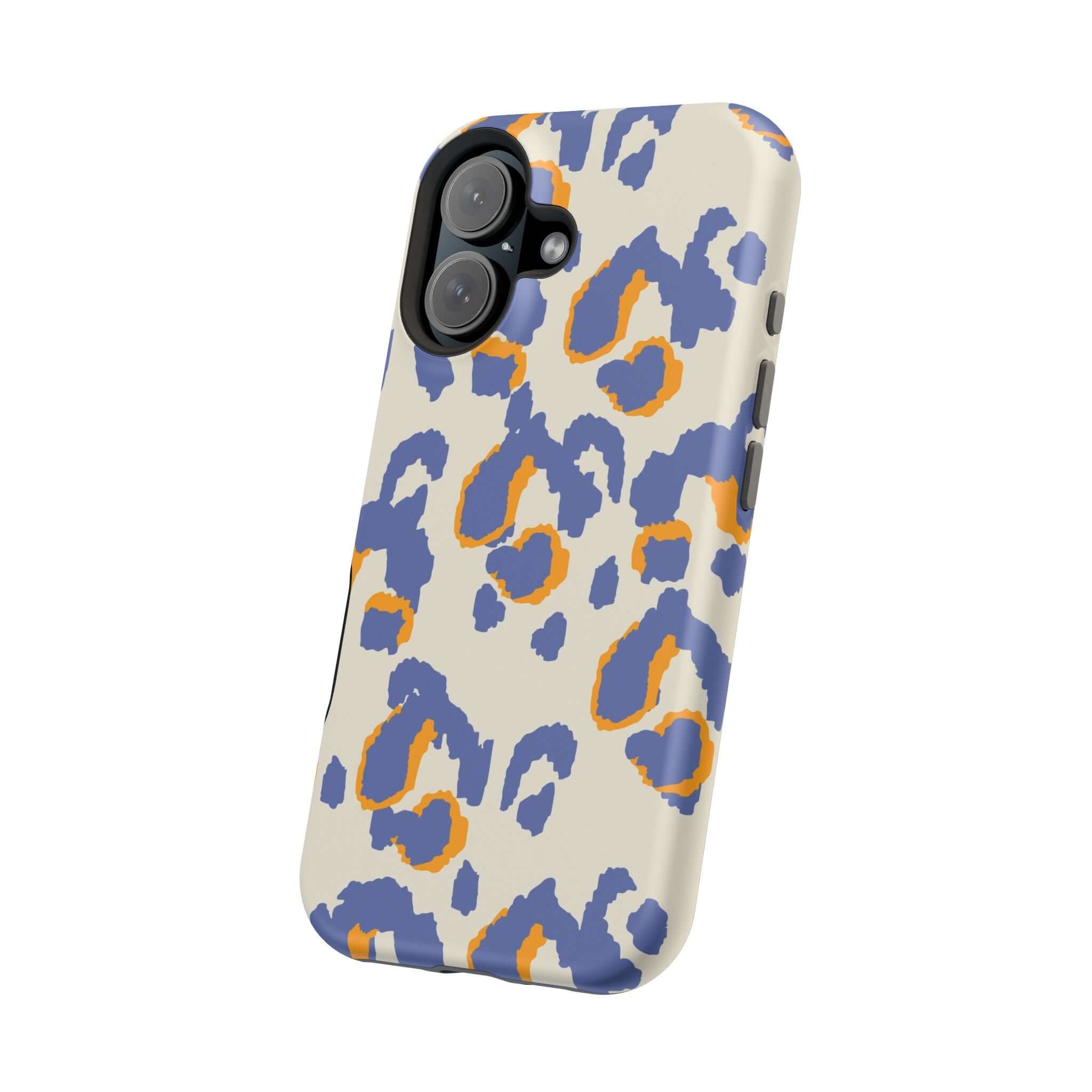 Blue Leopard Print MagSafe iPhone Case with Abstract Design, Stylish and Cute Colorful Phone Accessory for Animal Print Lovers