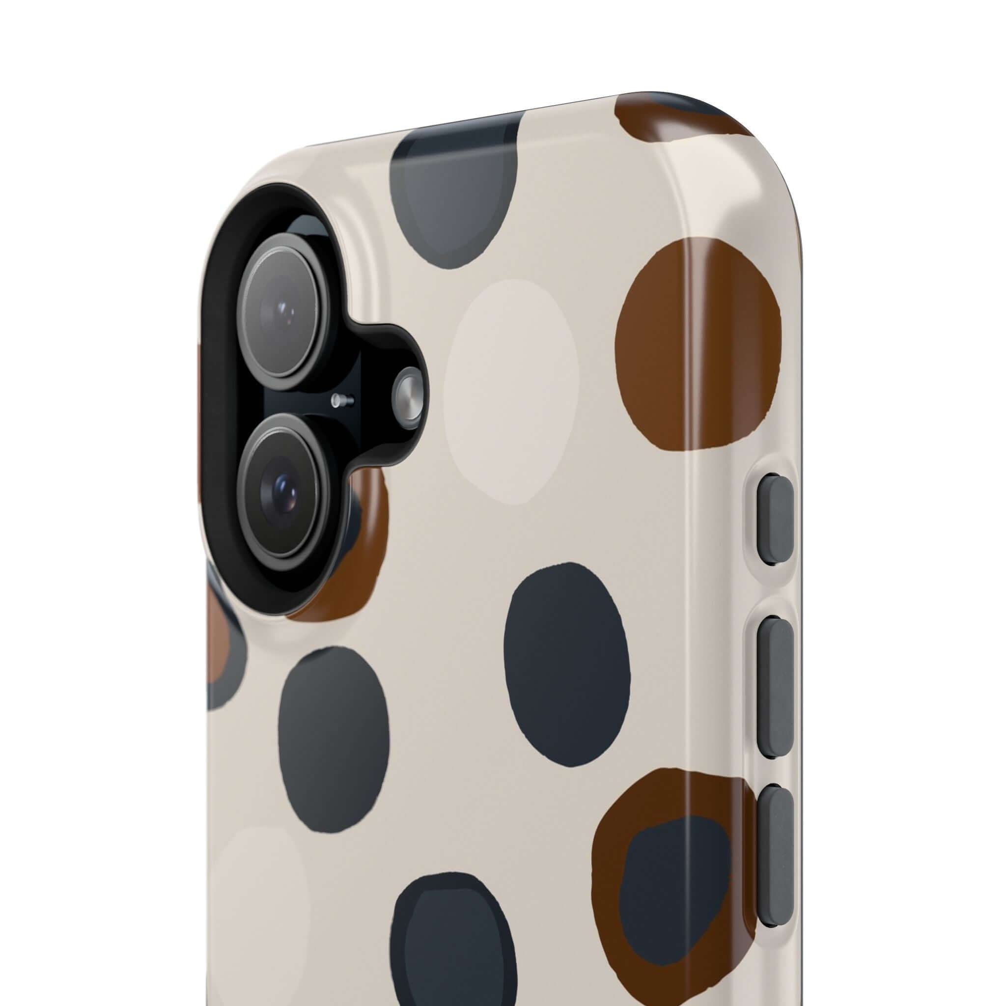 Chic Wanderer Modern Spots Case for iPhone, featuring playful brown and black spots design, perfect for fashion-forward adventurers.