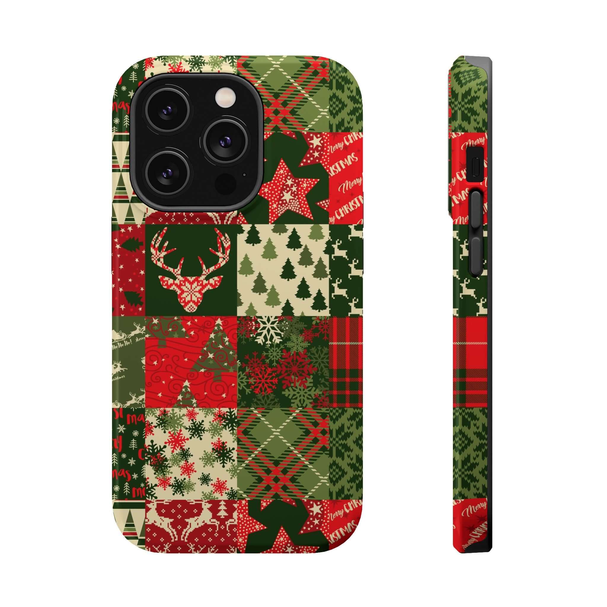 Christmas-themed MagSafe phone case with quilt pattern, featuring reindeer and trees, perfect holiday or Xmas phone cover.