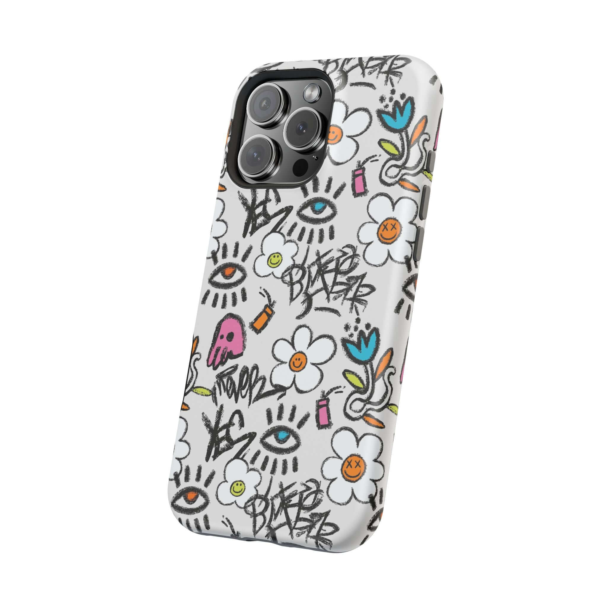 Colorful Happy Chaos Floral Graffiti Case for iPhone, a cute phone cover with vibrant designs.