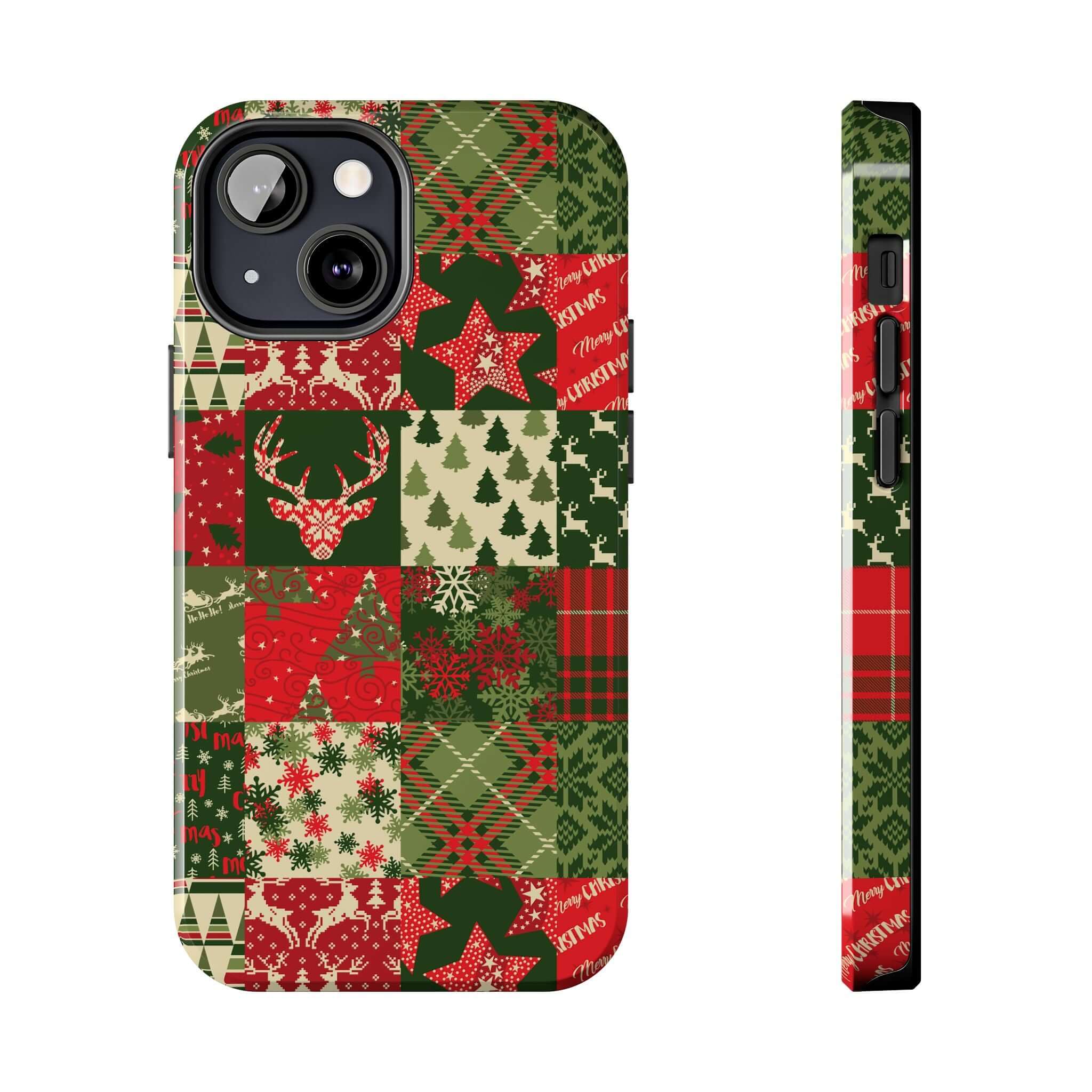 Cute Holiday Phone Case with Christmas Trees and Reindeer Design – Cozy Quiltmas Custom iPhone Case, Perfect Gift Idea