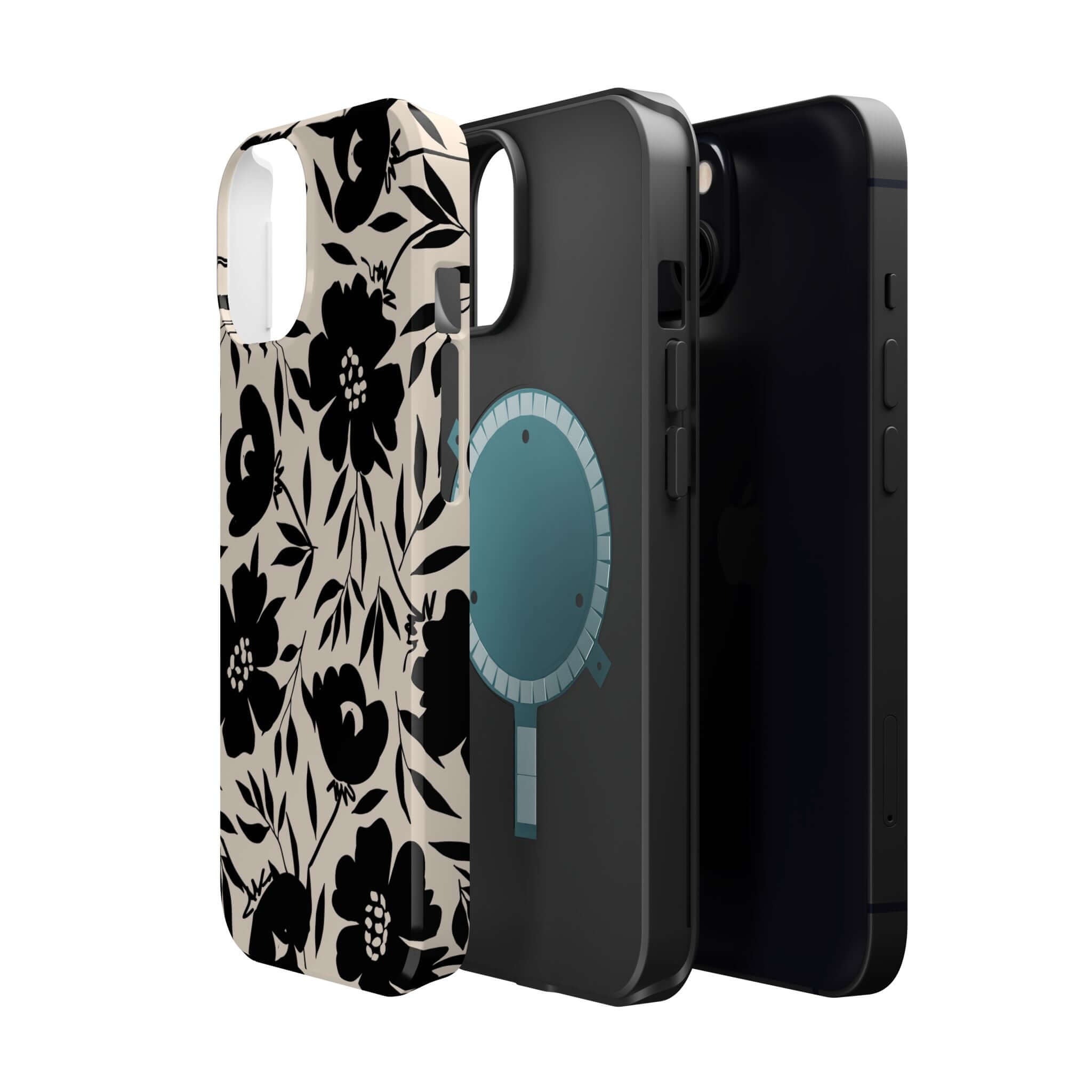 Eclipse Garden Black Floral Case for iPhone 16, cute and bold floral phone case showcasing adventurous spirit and unique design.