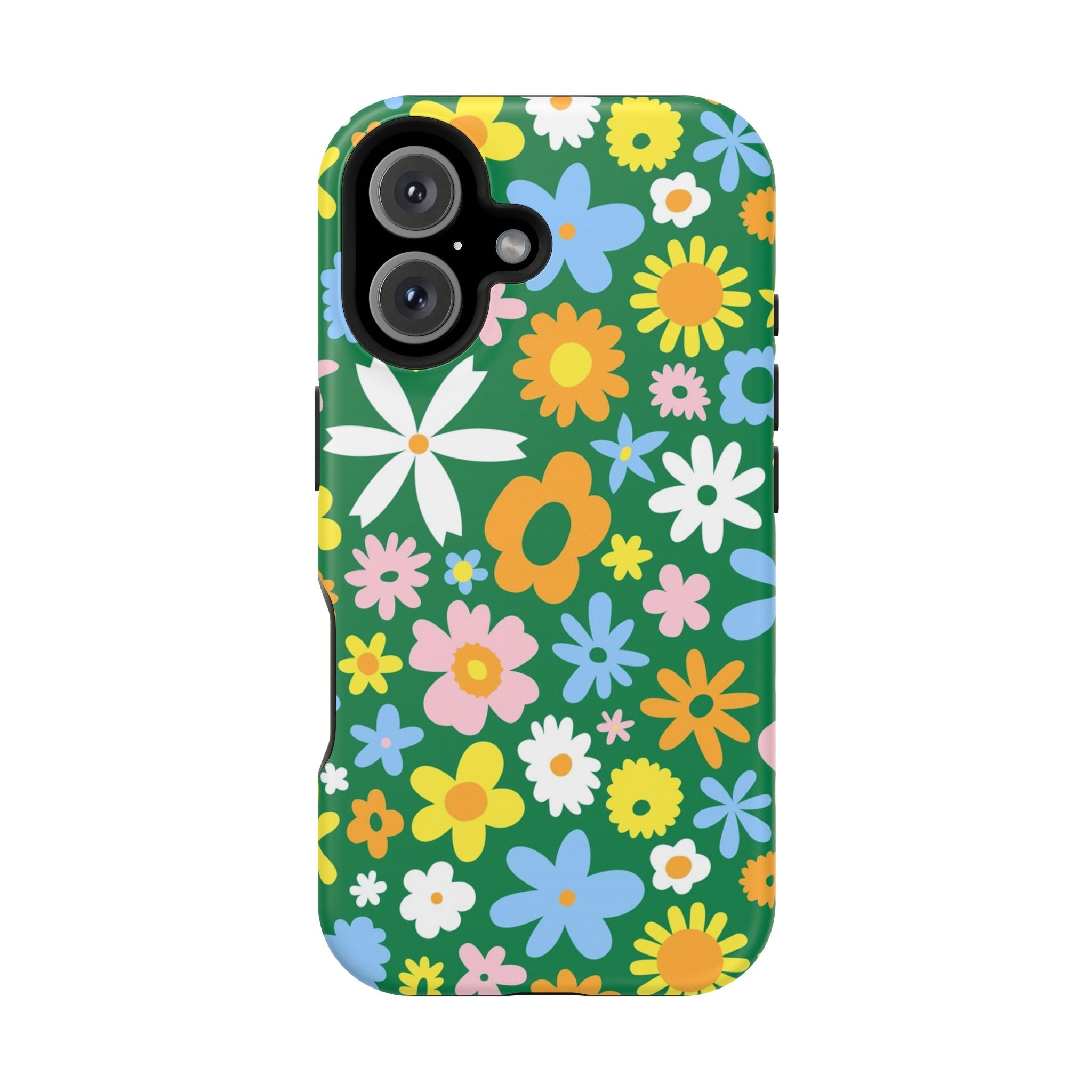 Vibrant floral iPhone case with MagSafe, featuring a playful hippie design in green. Cute phone cover for a quirky style boost!