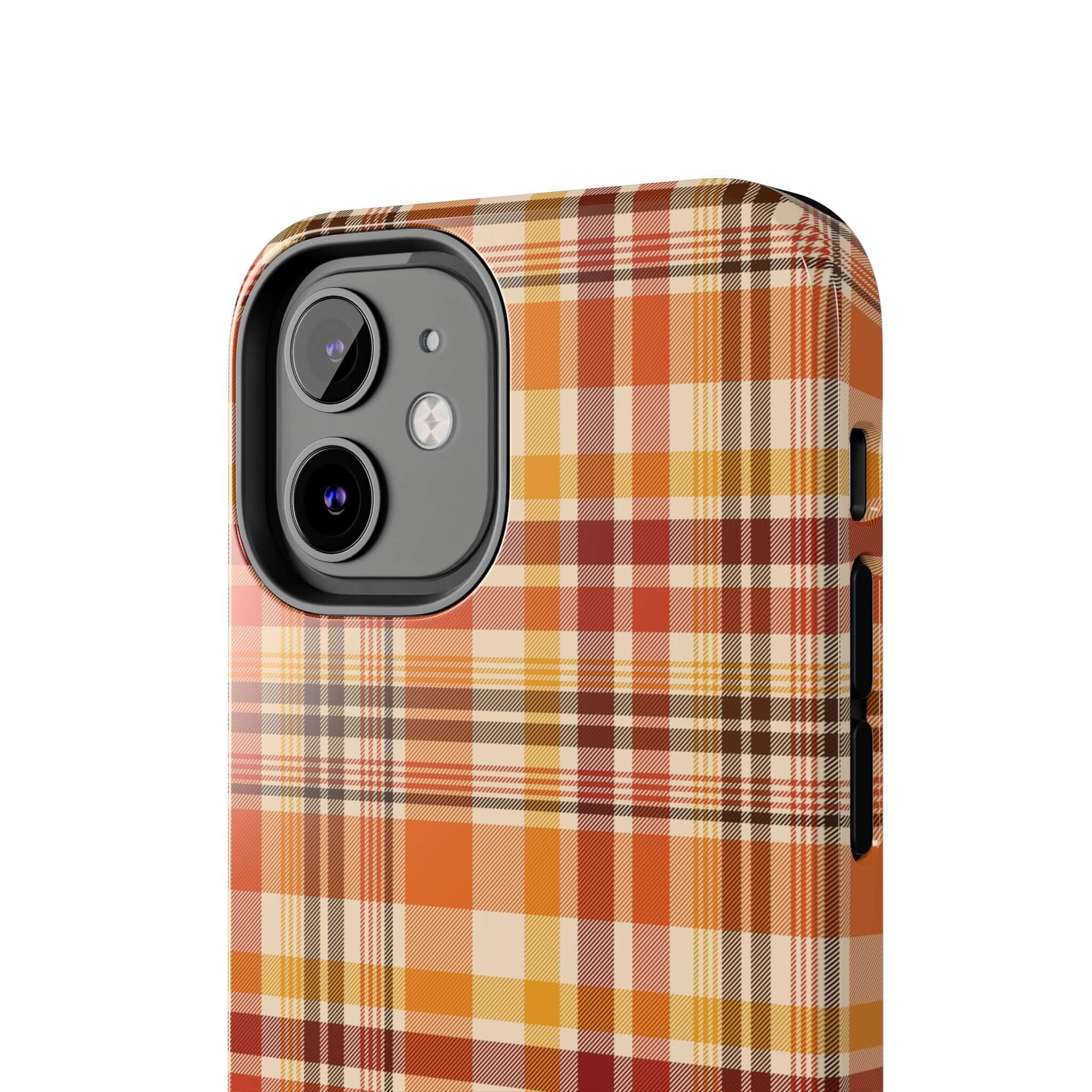 Autumn Air fall plaid phone case with orange and beige checkered design suitable for Halloween and fall season; cute iPhone accessory.