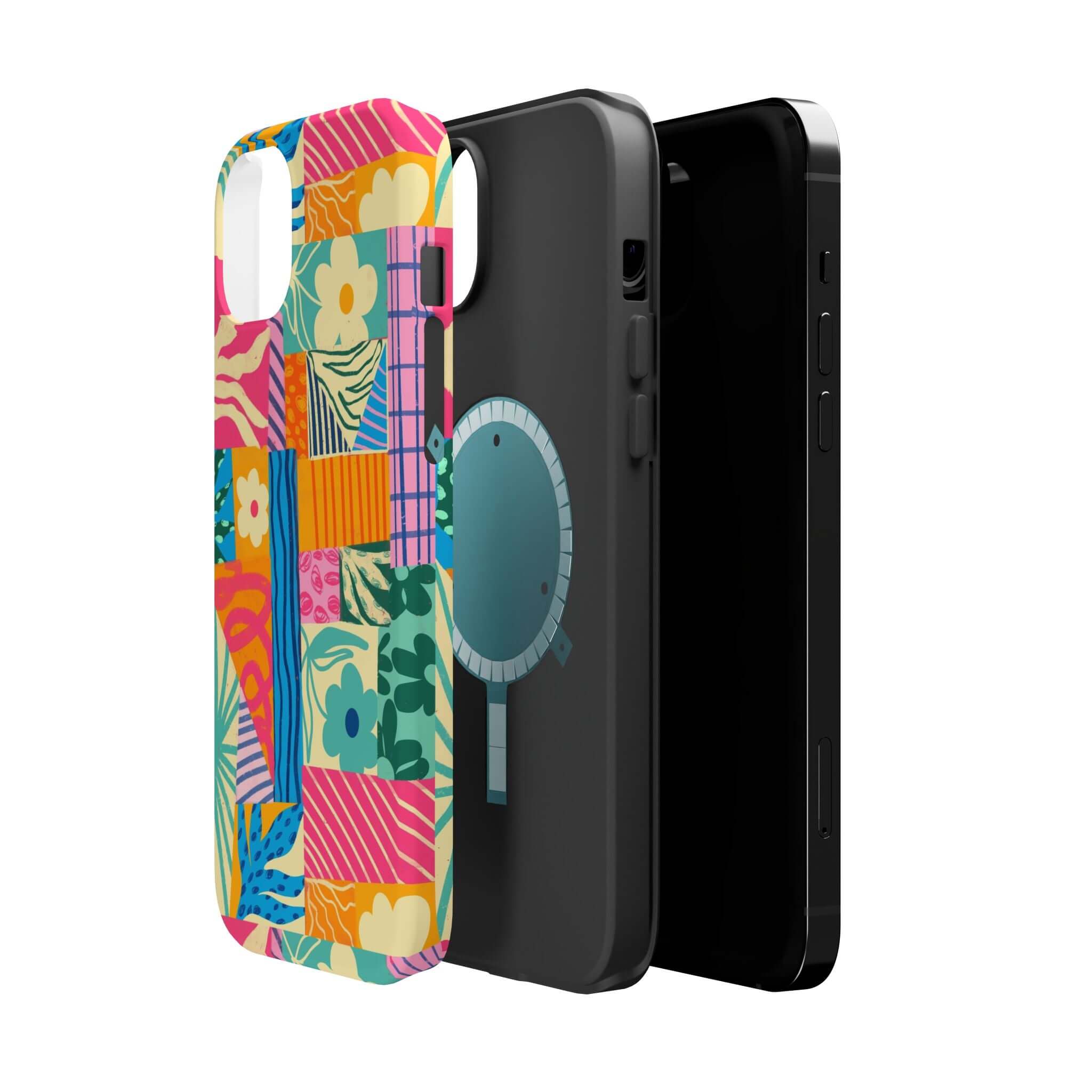 Colorful patchwork phone case for iPhone 16, perfect for beach lovers. Cute and stylish, adds a pop of color while protecting your phone.