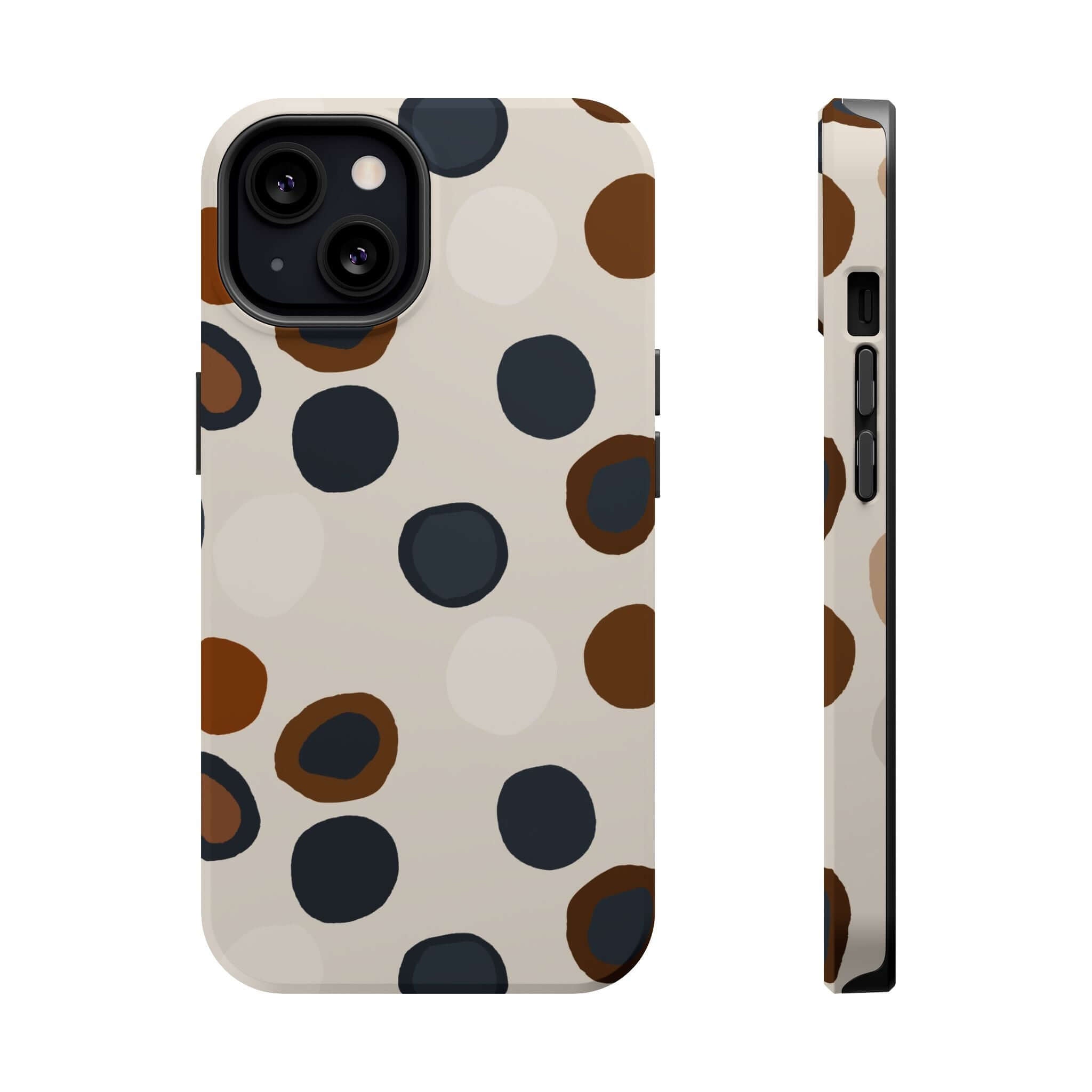 Chic Wanderer Modern Spots colorful iPhone case with abstract brown and black dots, cute phone case for fashion-forward adventurers