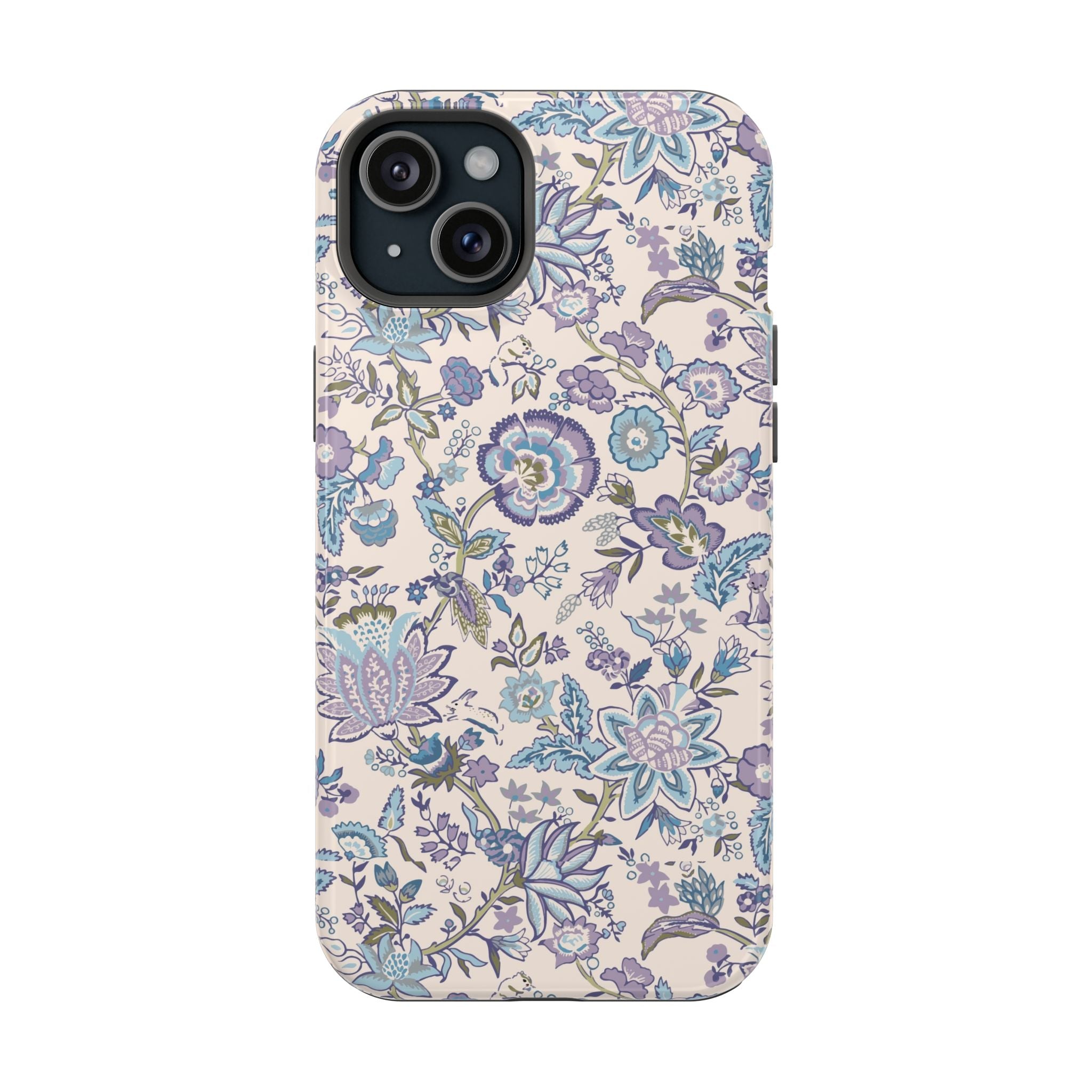 Blue CottageCore MagSafe iPhone case with floral design, a cute phone cover that adds a touch of nature and charm to your tech.