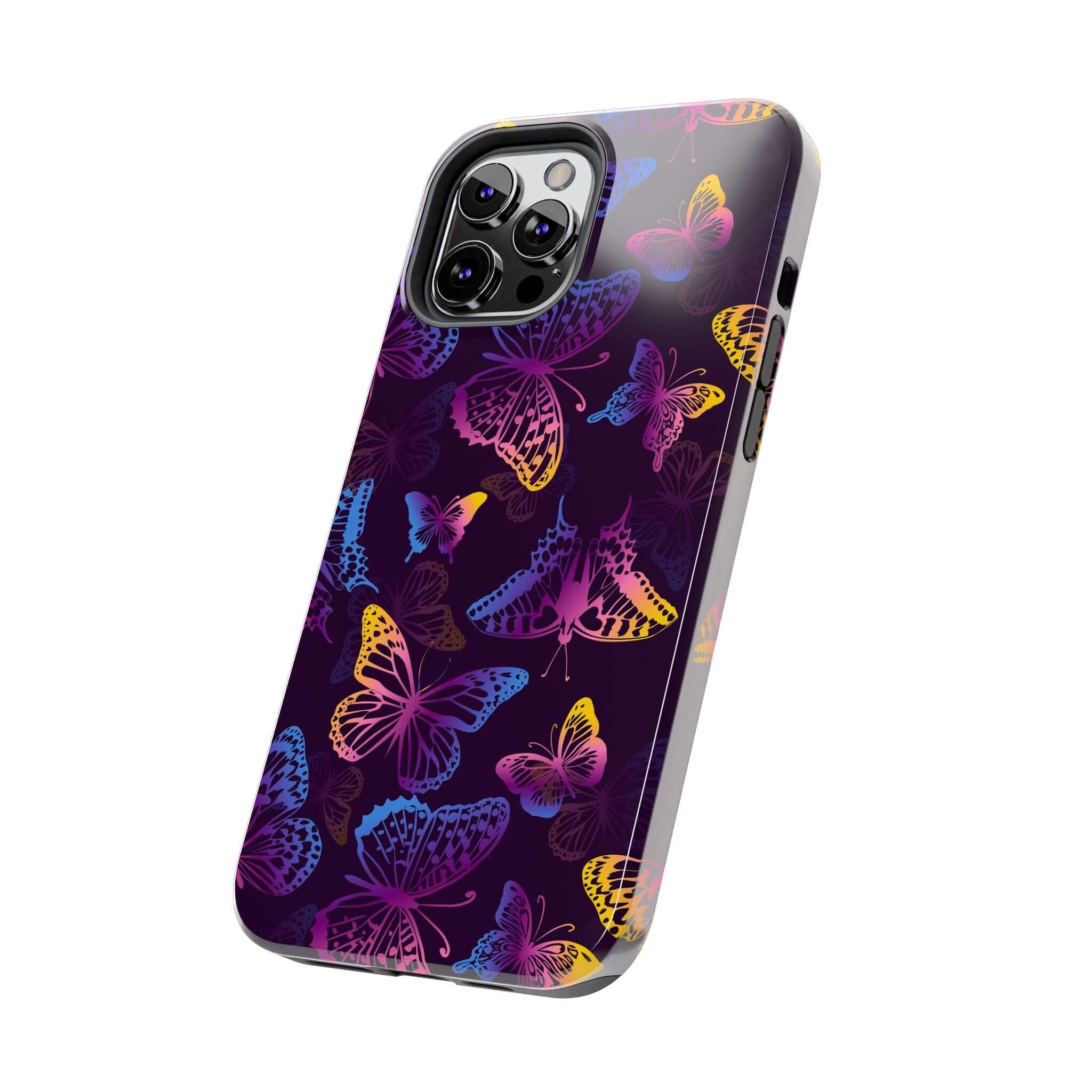 Midnight Flutter black butterfly MagSafe iPhone case with vibrant butterfly design, perfect cute and floral phone cover.