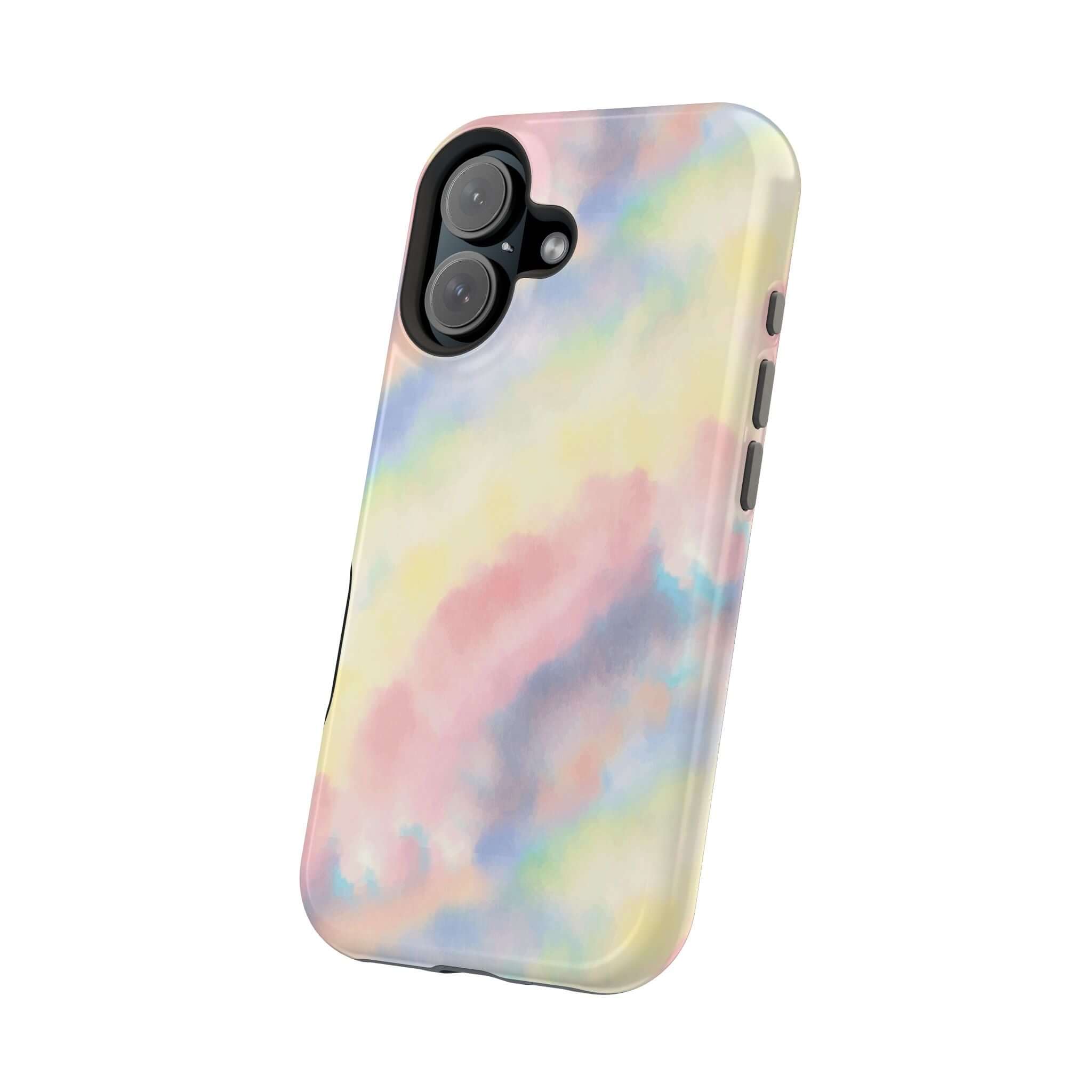 Cute iPhone case with pastel tie dye design and MagSafe compatibility, perfect custom phone case for a colorful tech upgrade.