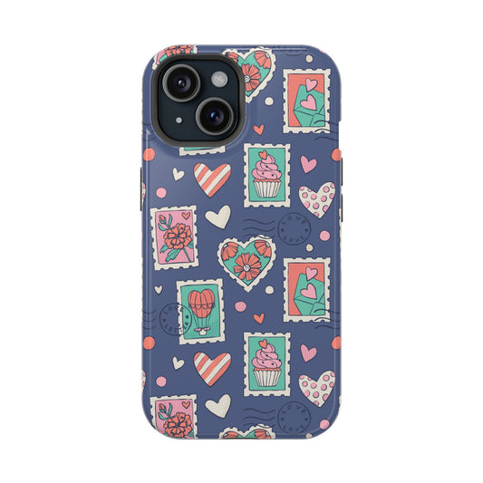 Cute iPhone 15 case with love letters and postage stamp design on blue background, perfect for expressing love and keeping your phone safe.