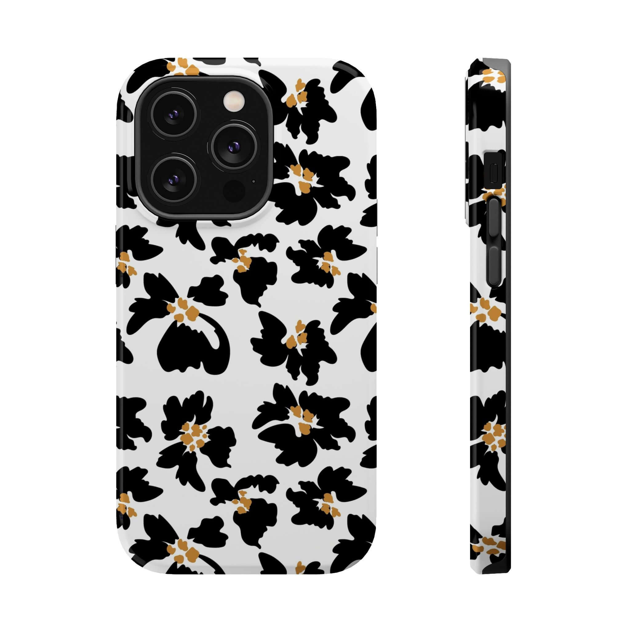 Modern Noir Flora black floral case with cute animal print, compatible with MagSafe, stylish protective iPhone accessory.