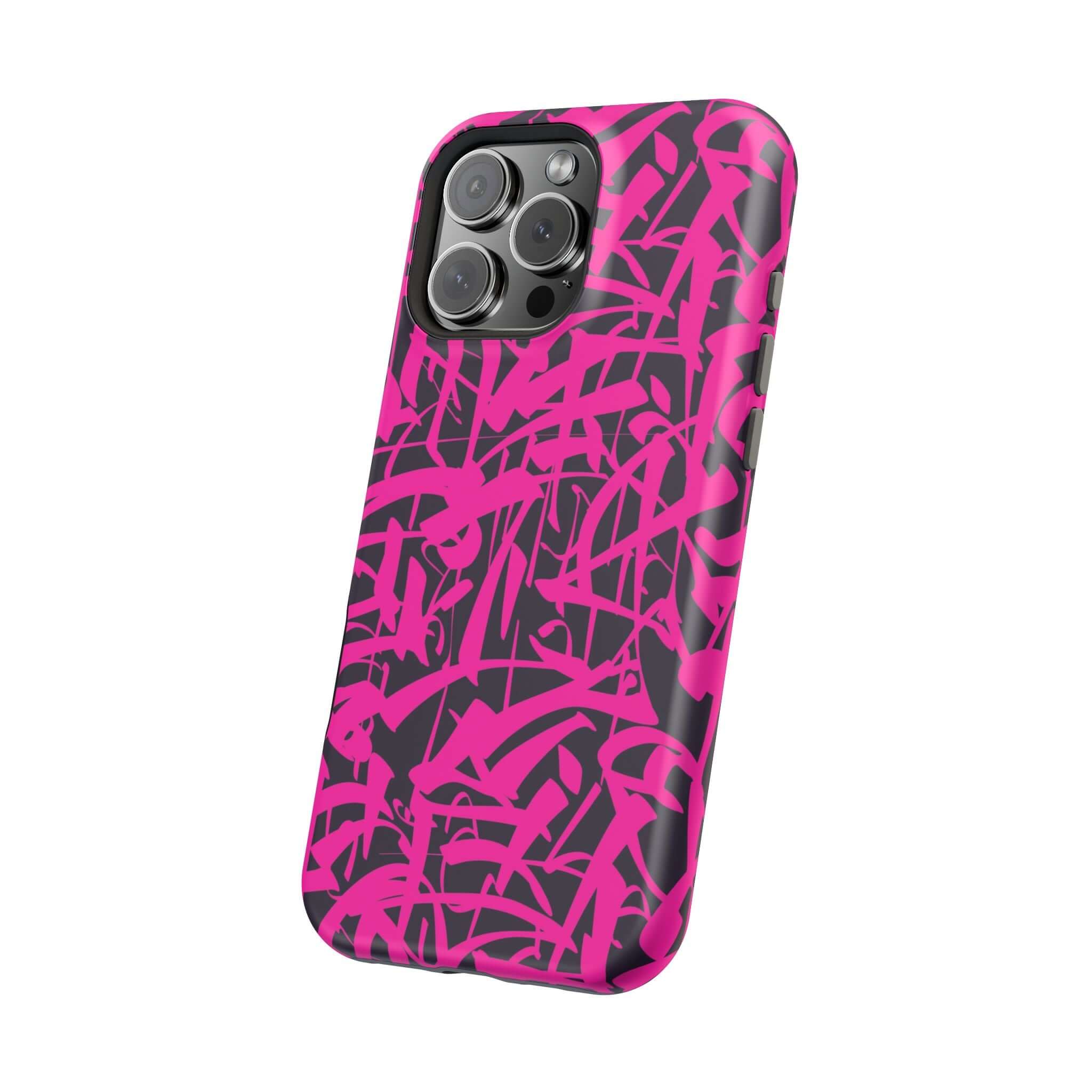 Cute pink art phone case for iPhone, showcasing vibrant graffiti-style design and MagSafe compatibility.