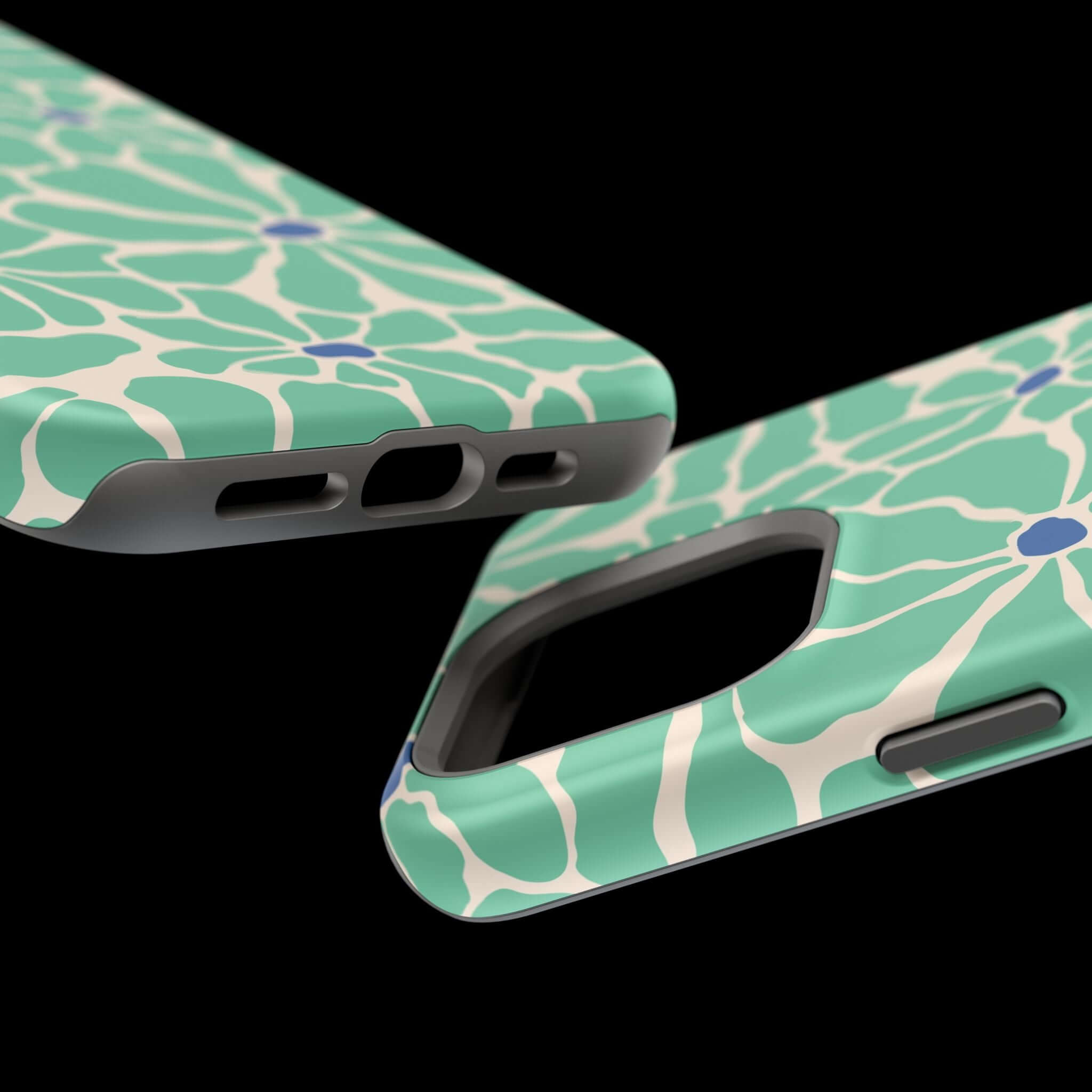 Close-up of the Tropical Splash Retro Floral Case showing vibrant design and MagSafe cutouts for easy charging. Cute phone cover for iPhone.