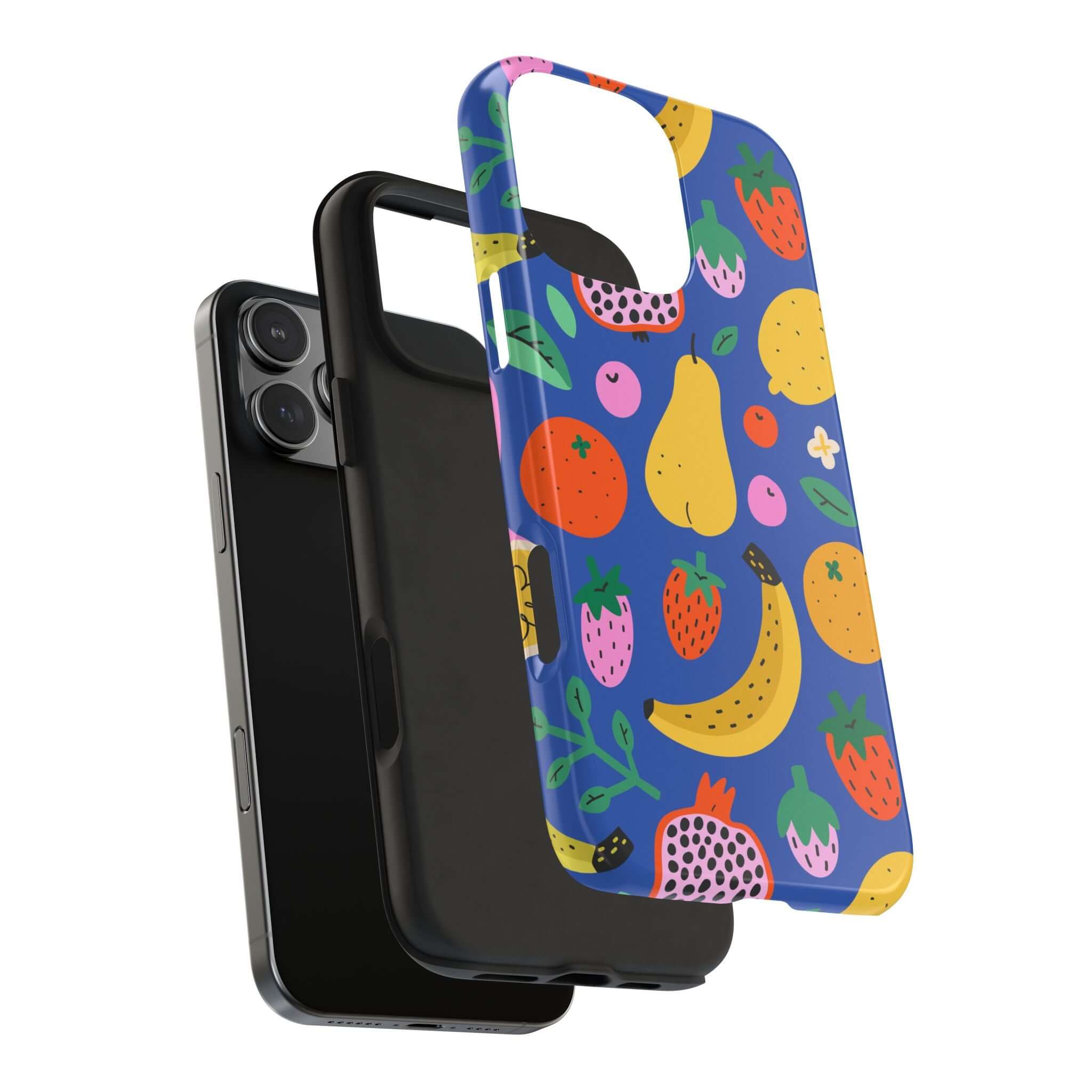 Cute beachy fruit phone case displayed with a black Apple iPhone, perfect for summer vibes and protection.