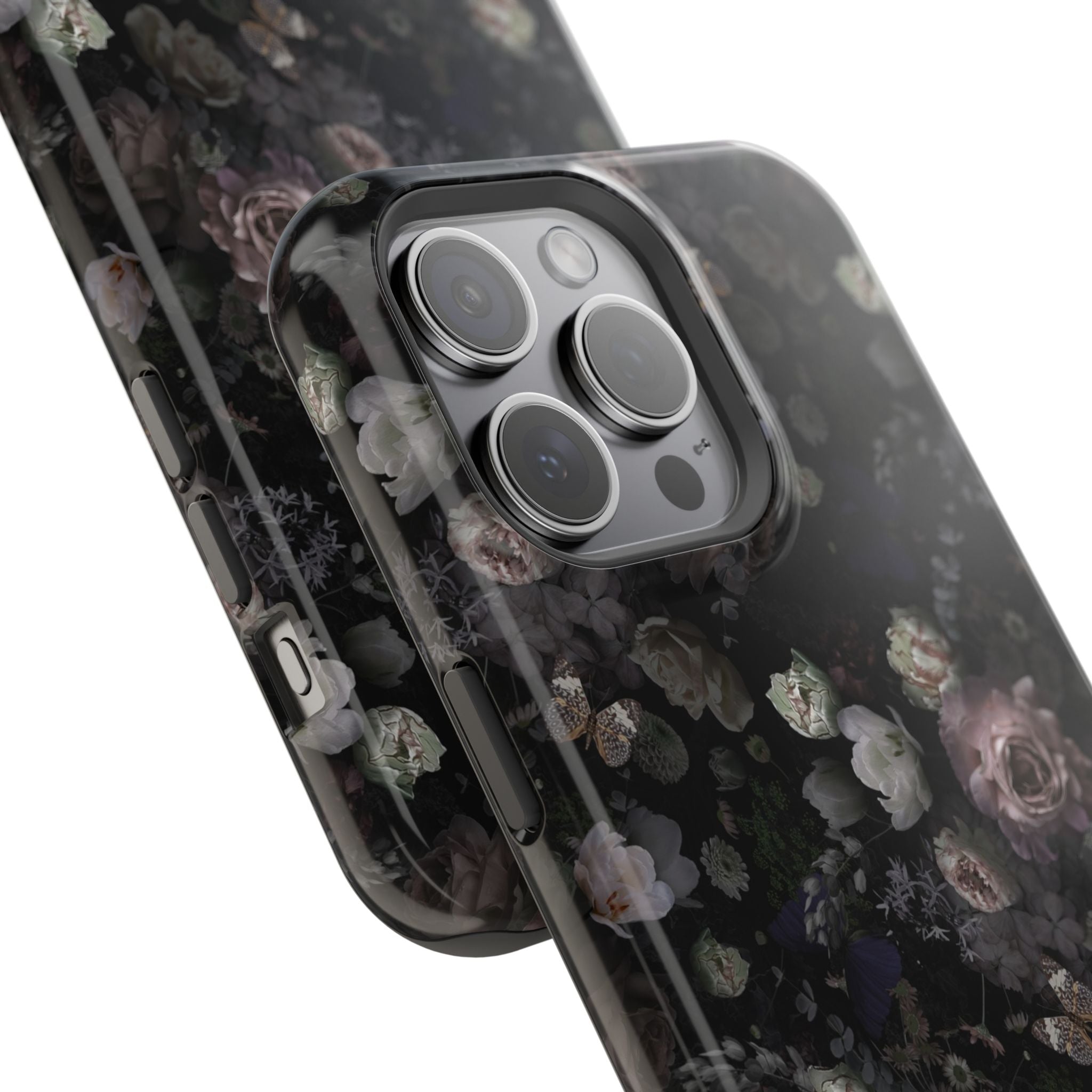 Midnight Curse black floral MagSafe iPhone case with cute roses, stylish protection for your phone.