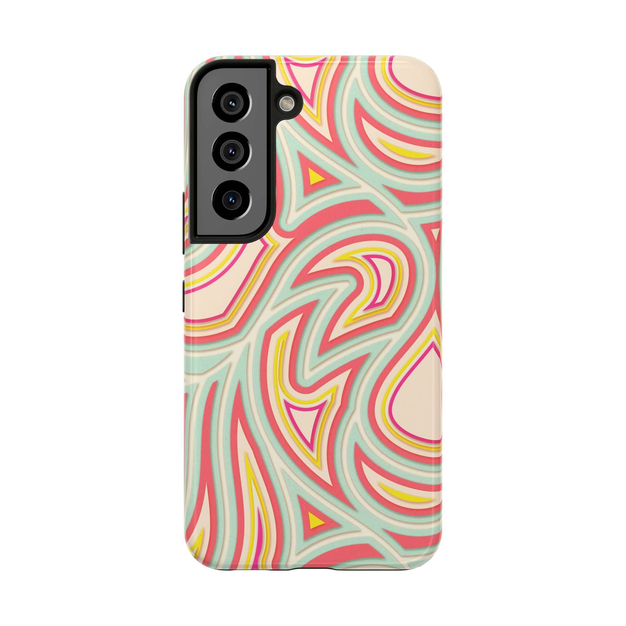 Groovy Waves Retro Abstract Samsung Phone Case with colorful and playful design featuring flower patterns and swirls.