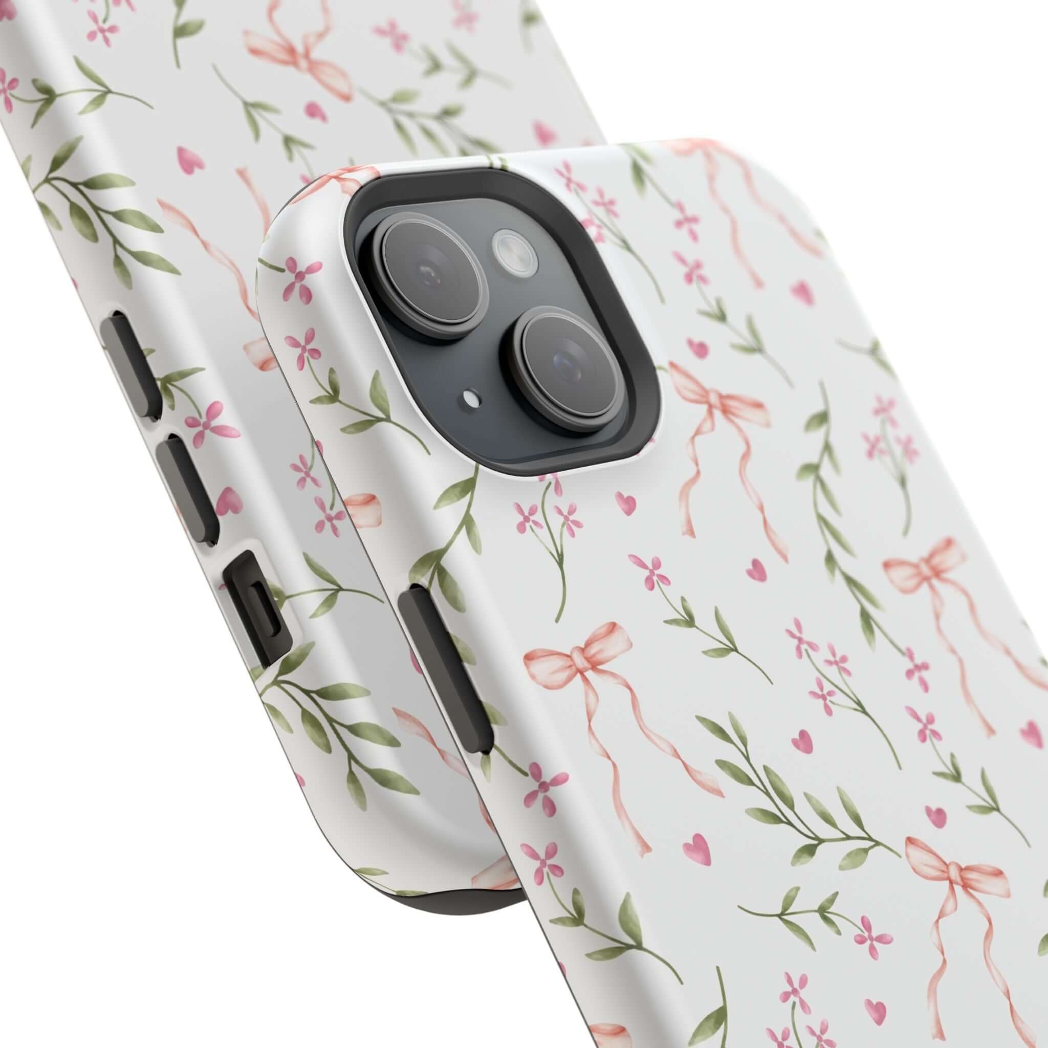 Pink Coquette MagSafe iPhone Case with floral pattern and bows, a cute and whimsical phone cover from Darling Daydream.