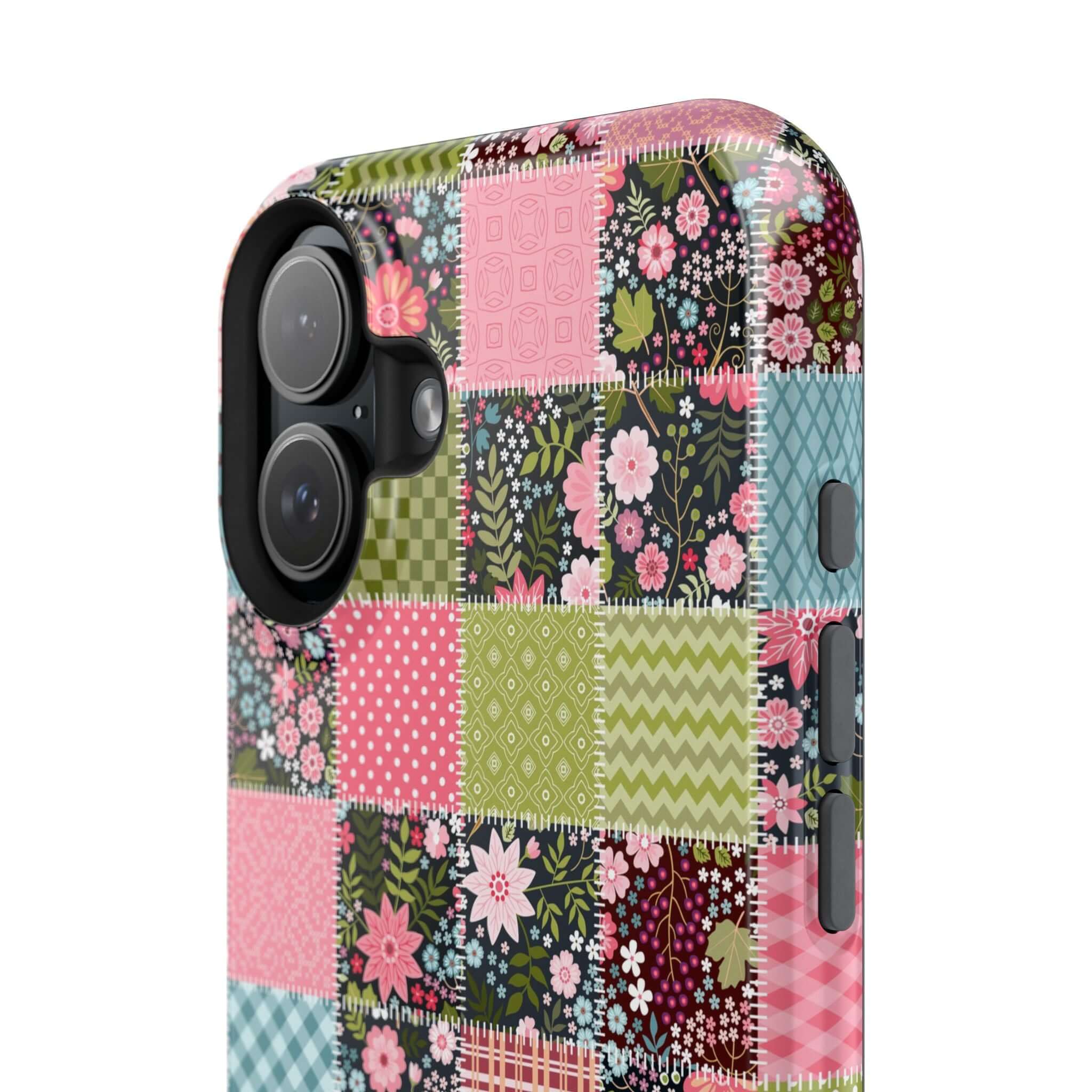 Cute wildflower patchwork MagSafe iPhone case, floral design, groovy phone cover for free-spirited vibes.