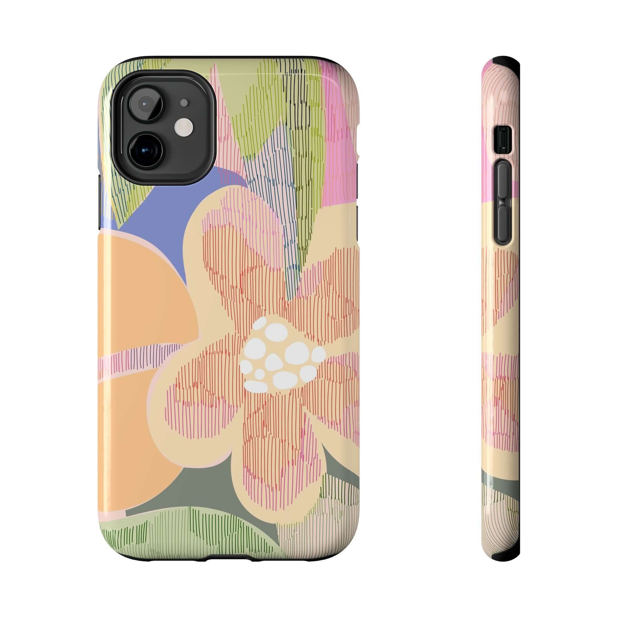 Abstract floral case with colorful design for iPhone 14 Pro Max and Samsung S23, featuring vibrant flowers and palm trees.