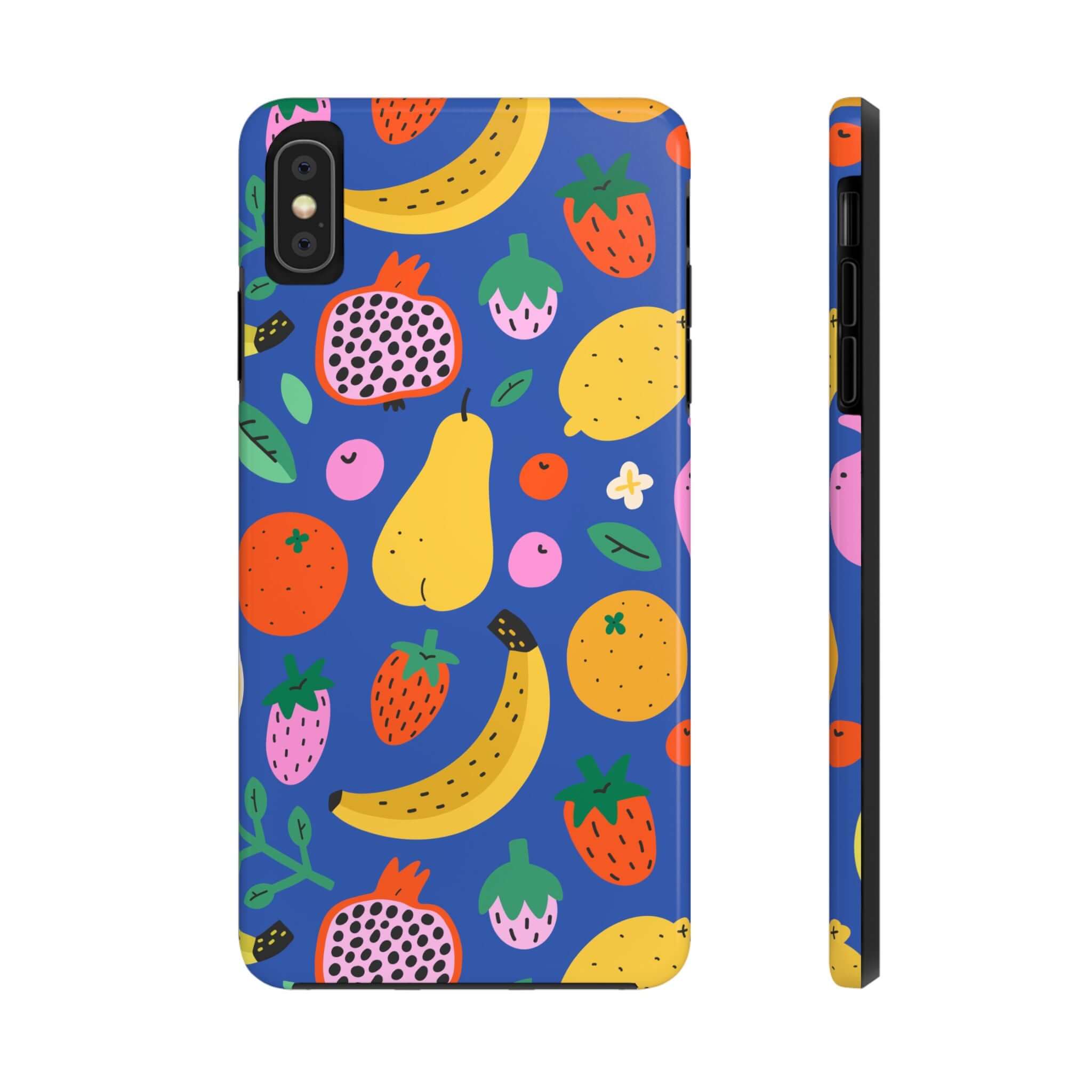 Cute beachy fruit phone case design featuring colorful bananas, strawberries, and more on a blue background.